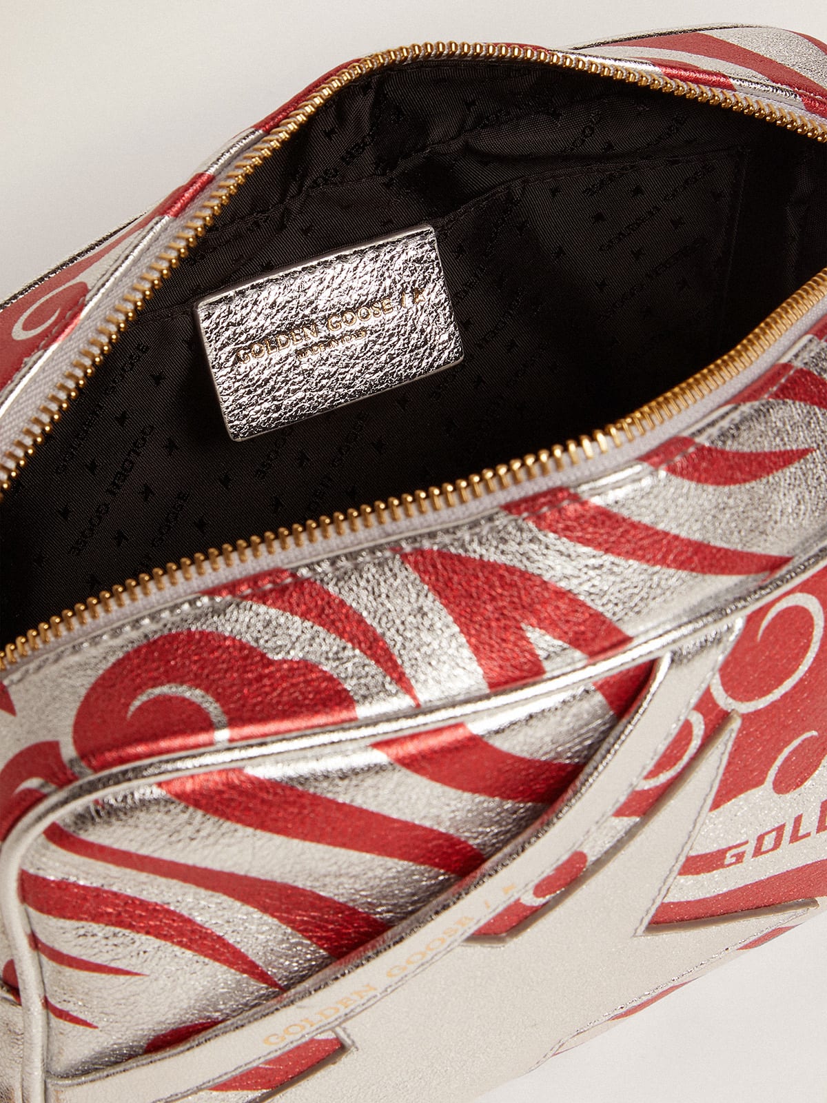 Golden Goose - Star Bag in silver-colored laminated leather with tone-on-tone star and red tiger-striped CNY print in 