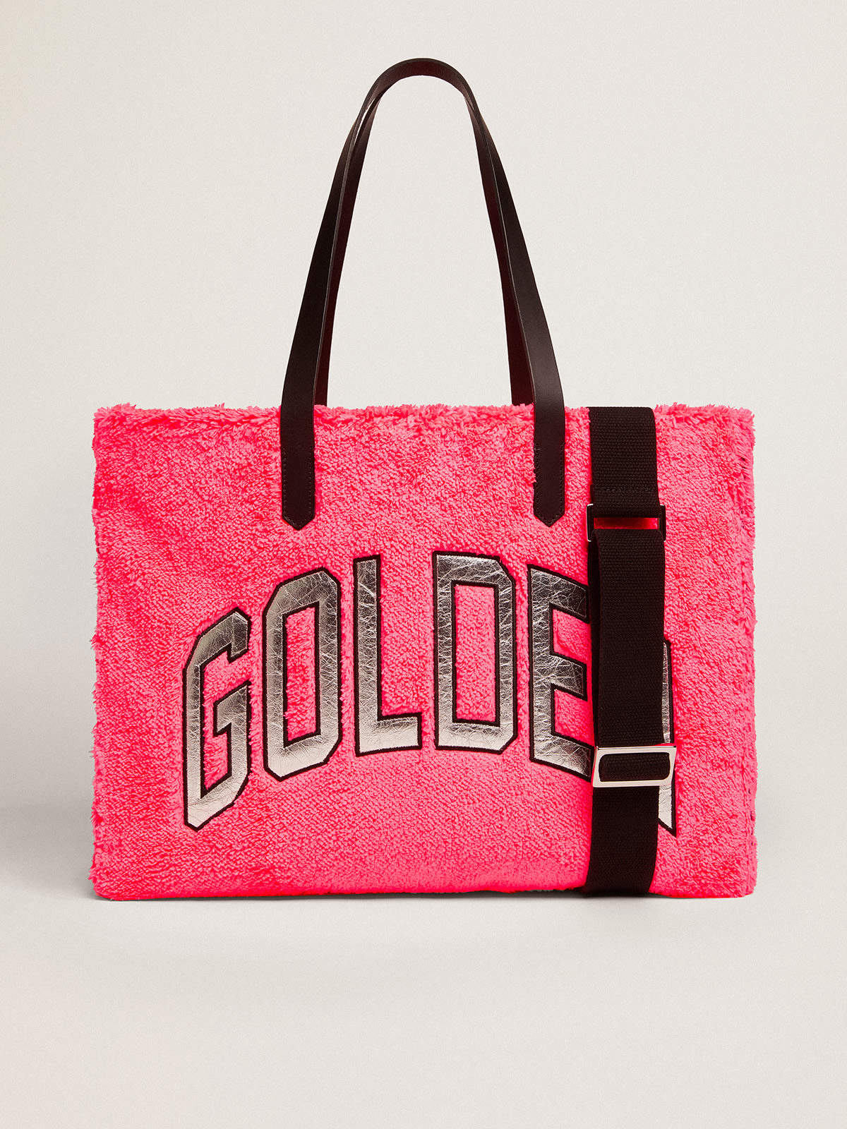 Golden Goose - East-West California Bag in fuchsia terry fabric with Golden lettering in silver metallic leather in 