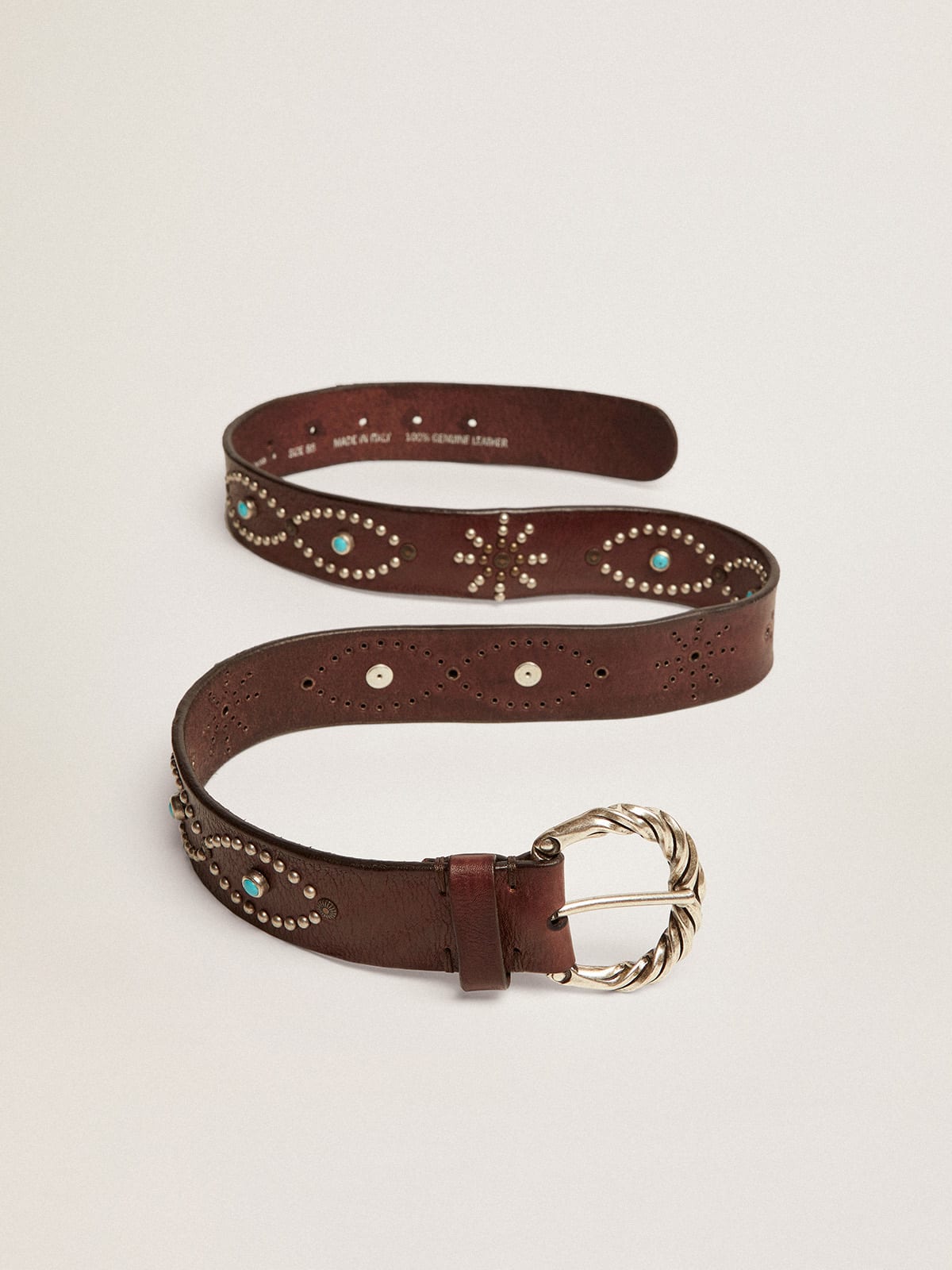 Dallas belt in dark brown leather with colored studs