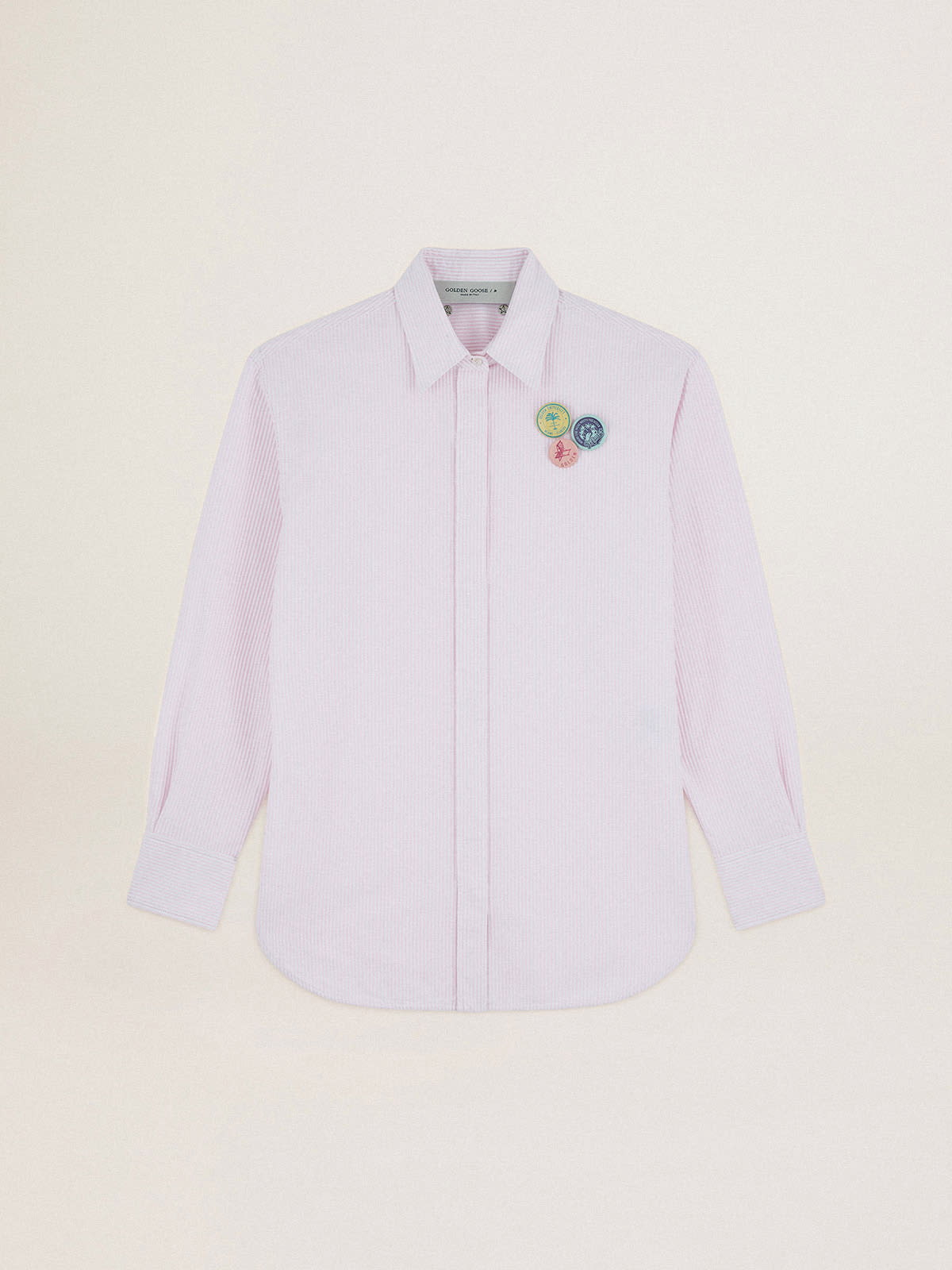 Golden Goose - Oversized Journey Collection shirt with pink and white vertical stripes and pins in 
