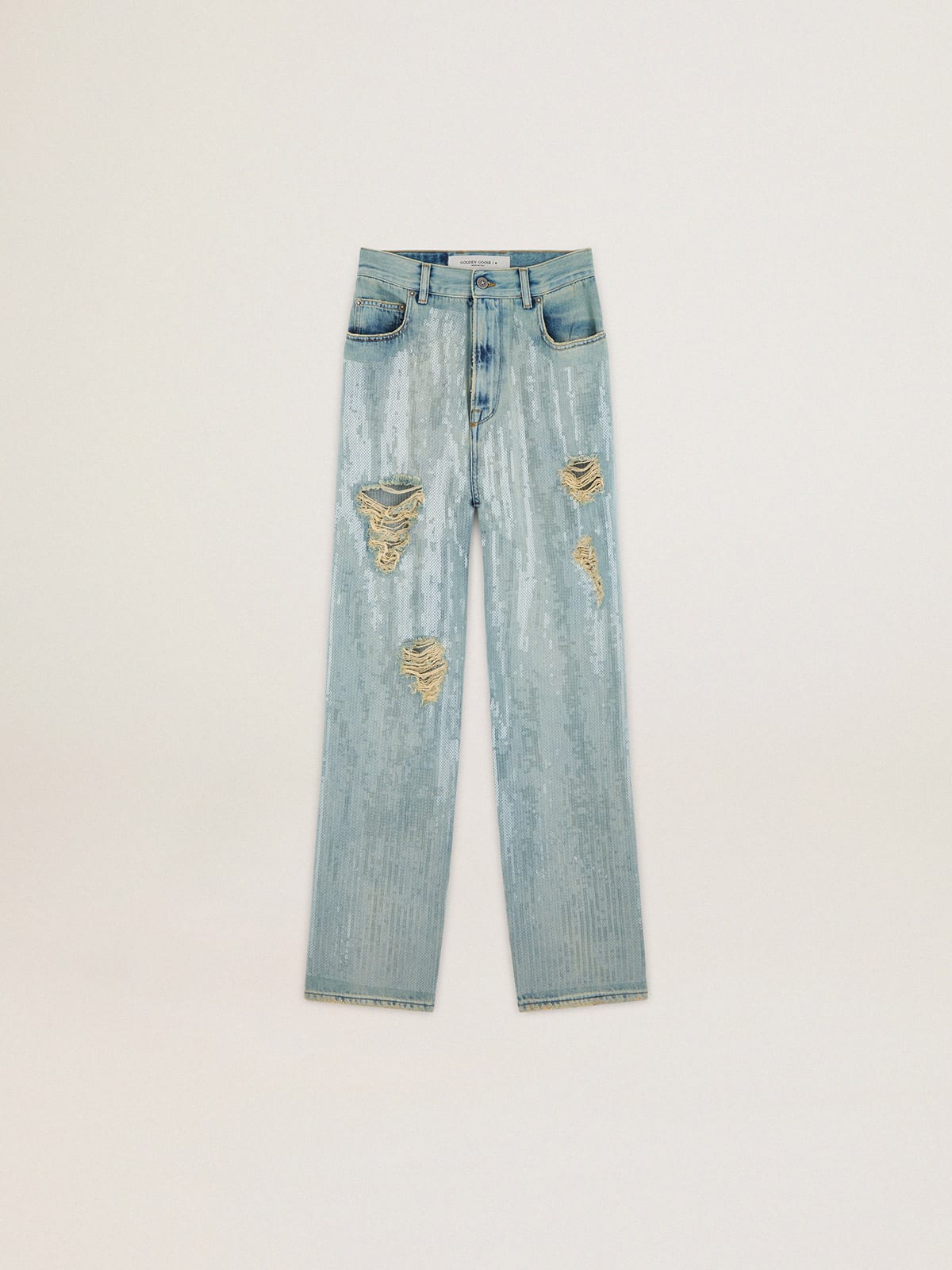 Journey Collection jeans in distressed-effect light blue denim with  all-over sequins