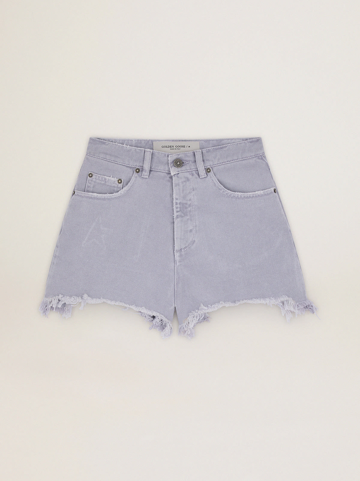 Lavender-colored denim Journey Collection shorts with worn-out-effect hem