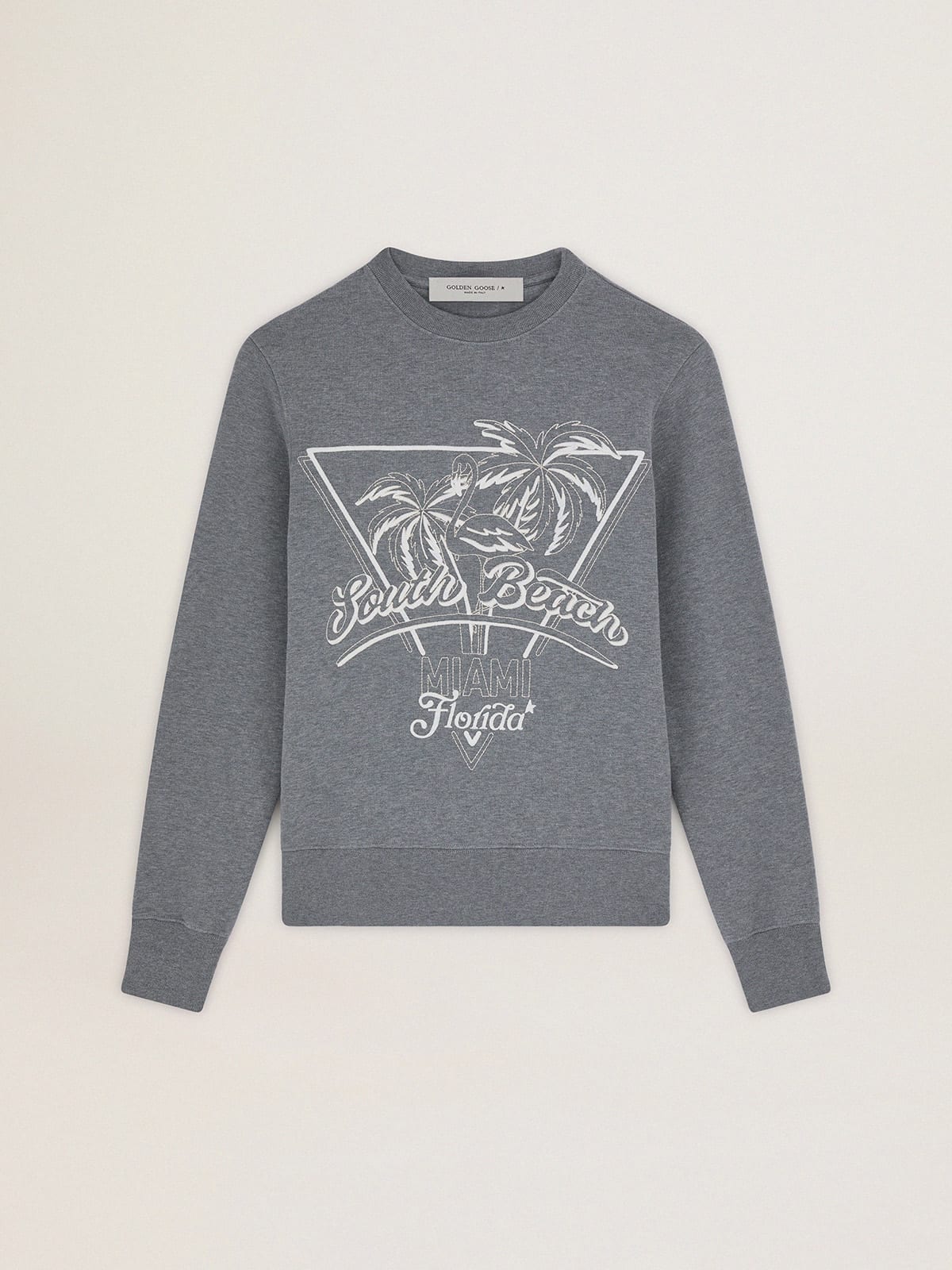 Golden Goose - Gray Journey Collection sweatshirt with palm print and South Beach lettering in white in 