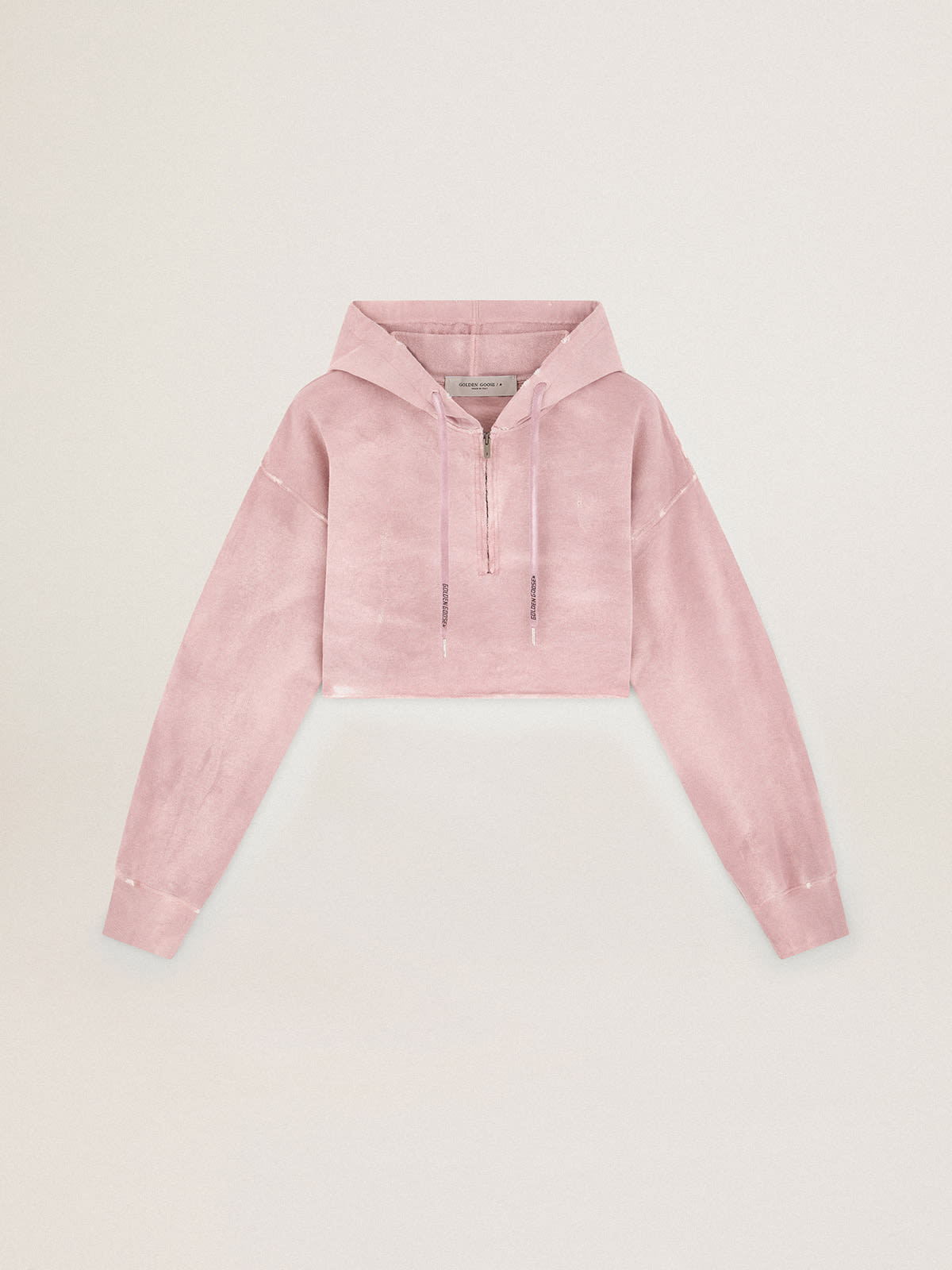 Pale mauve cropped Journey Collection hooded sweatshirt with tone-on-tone  Golden lettering on the back