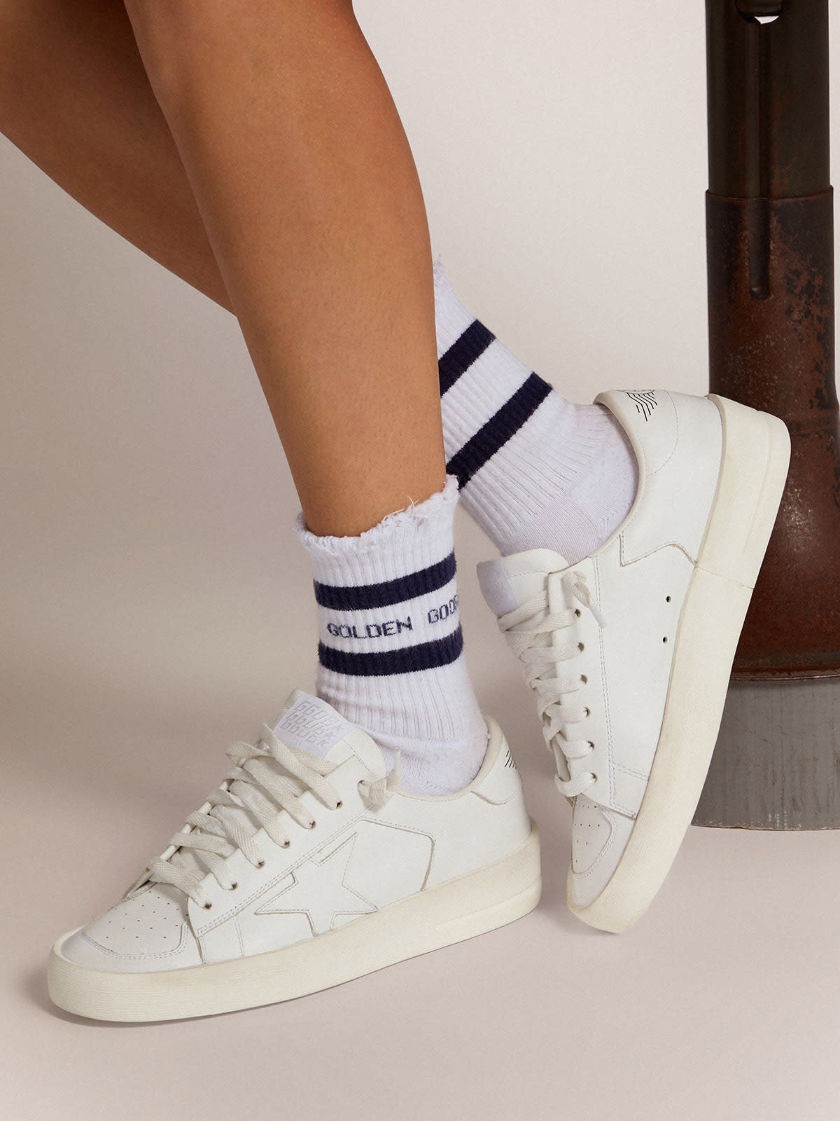 Golden Goose - Cotton socks with distressed finishes, blue stripes and logo in 