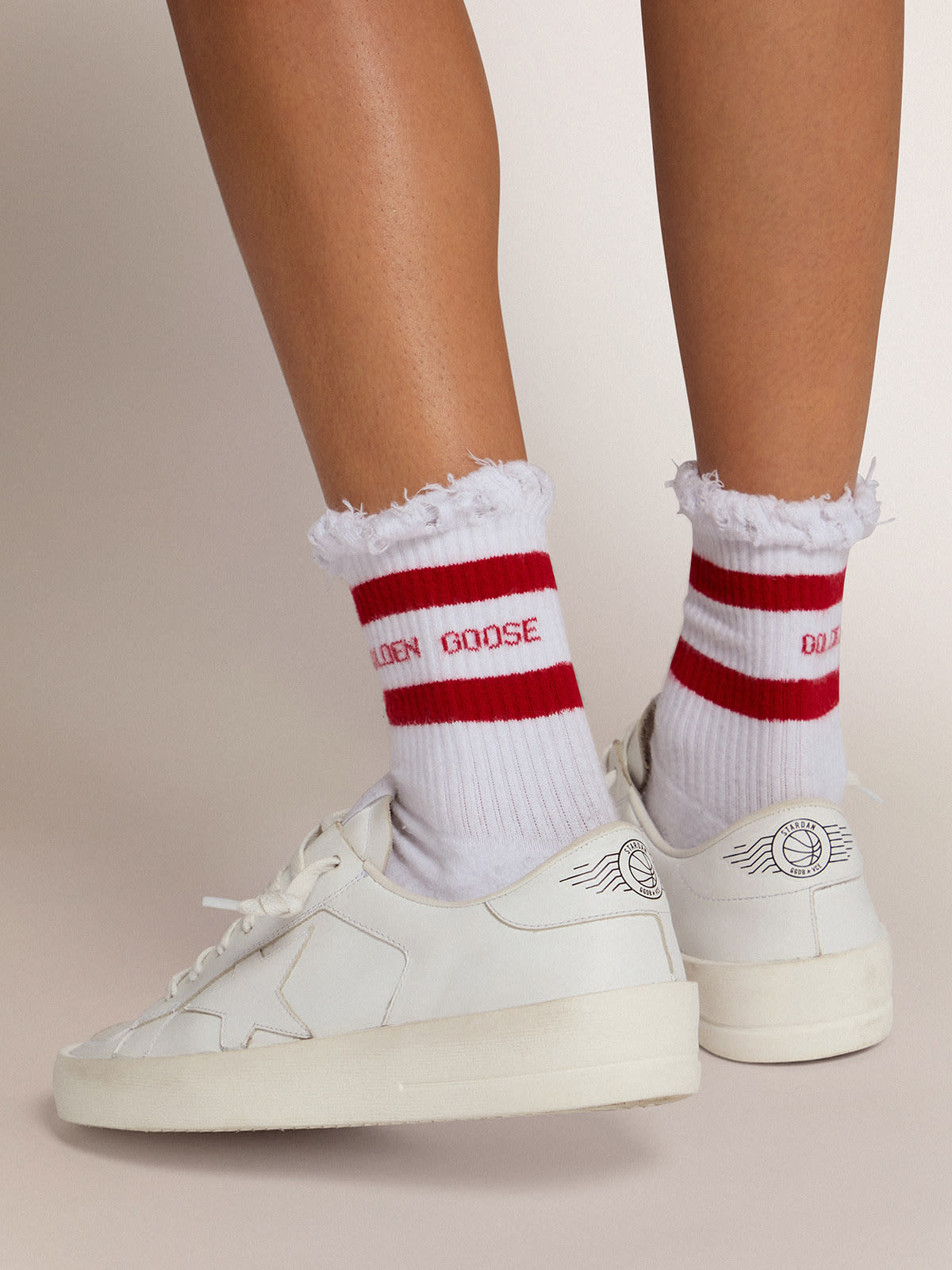 Golden Goose - Cotton socks with distressed finishes, red stripes and logo in 