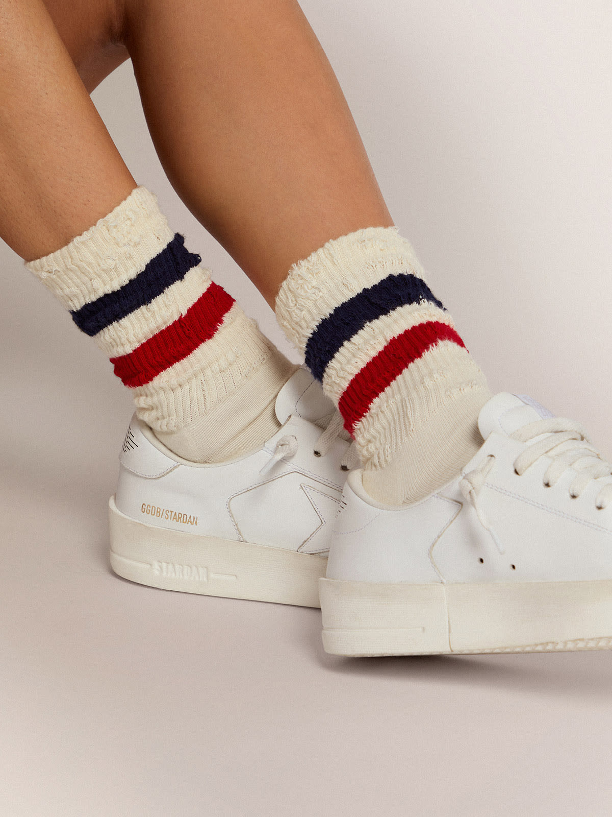 Golden Goose - Vintage white socks with distressed details and two-tone stripes in 