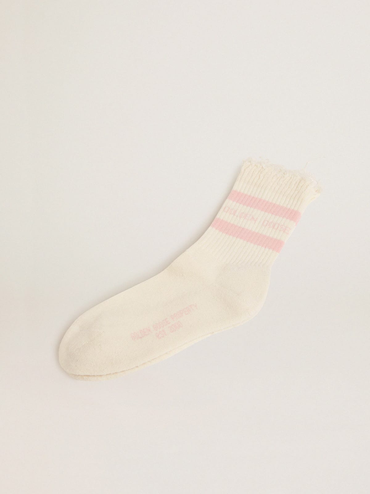 Golden Goose - Distressed-finish white socks with baby-pink logo and stripes in 