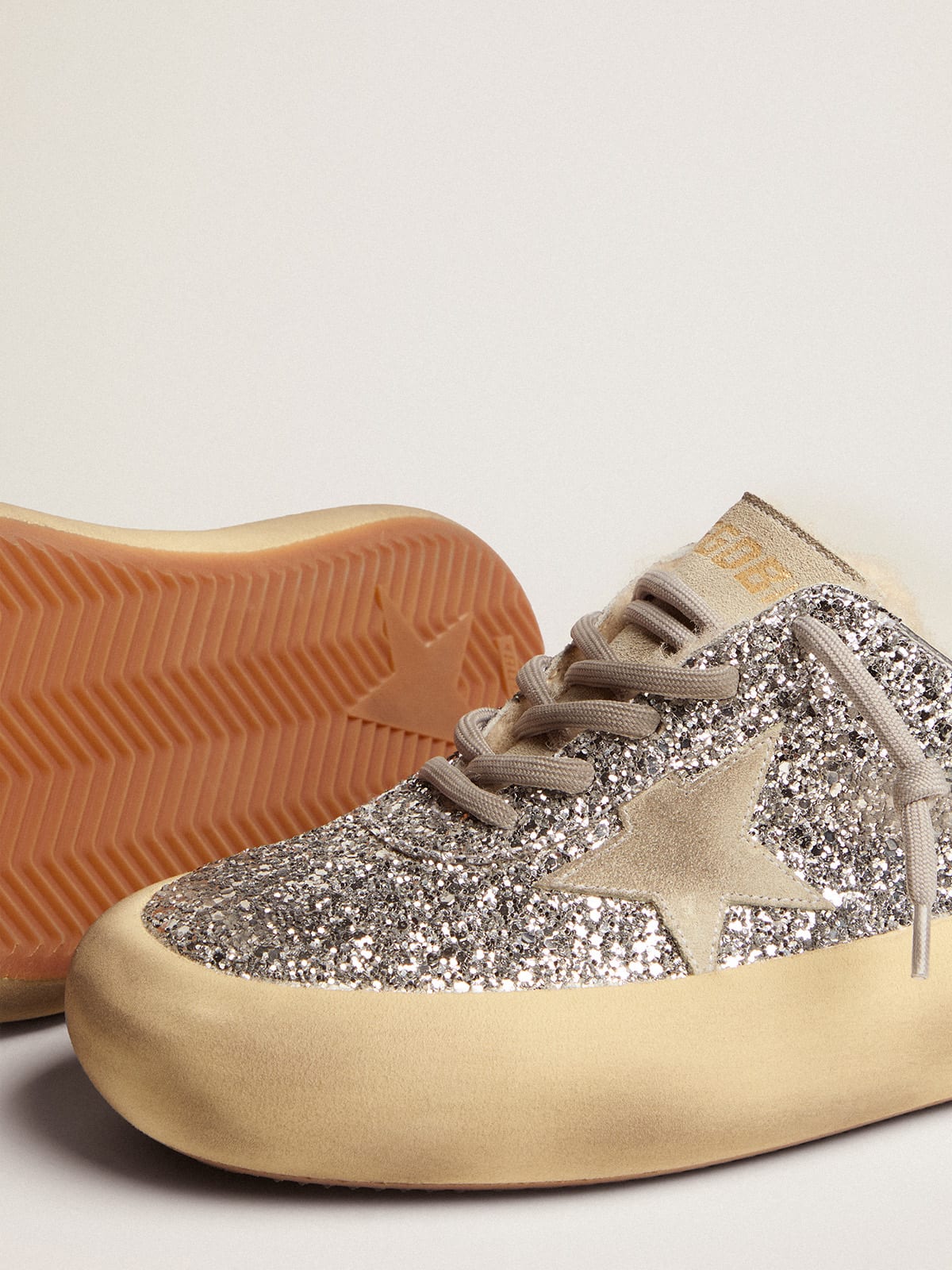 Golden Goose - Women's Space-Star Sabot in silver glitter and shearling lining in 
