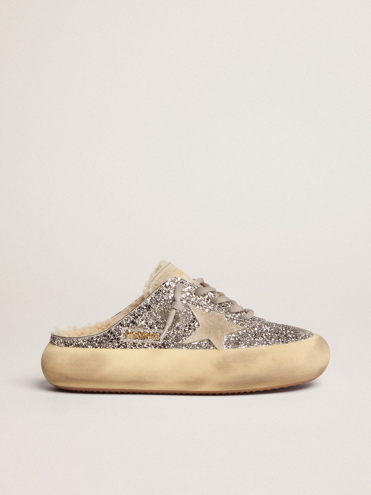 Golden Goose - Women's Space-Star Sabot in silver glitter and shearling lining in 