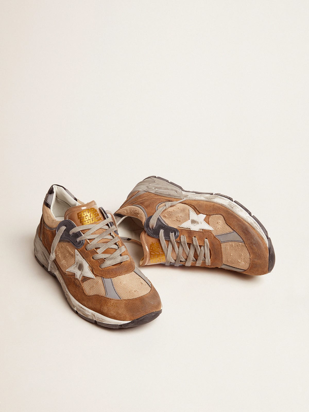 Golden Goose - Dad-Star sneakers in tobacco-colored mesh and suede with white leather star and black leather heel tab in 
