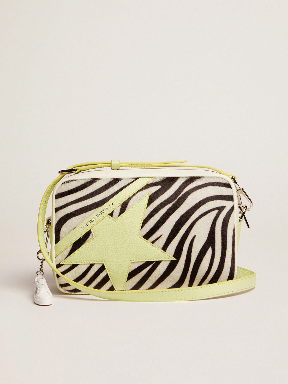 Golden Goose - Star Bag in white and lime hammered leather with zebra-print pony skin insert and lime-colored leather star in 