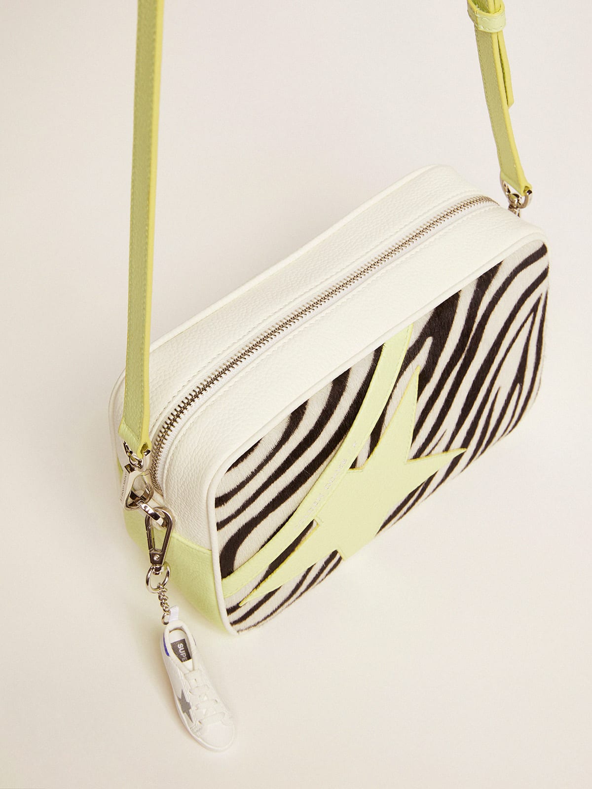 Golden Goose - Star Bag in white and lime hammered leather with zebra-print pony skin insert and lime-colored leather star in 