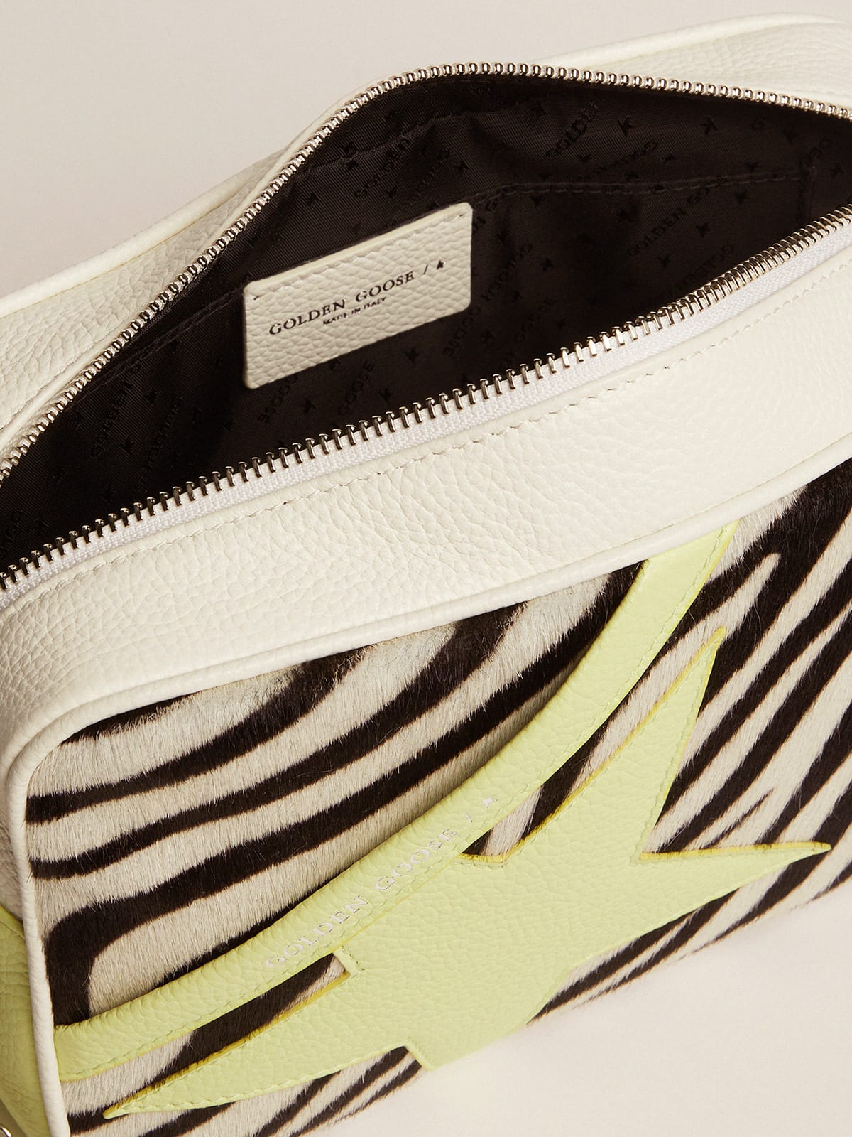 Golden Goose - Star Bag in white and lime hammered leather with zebra-print pony skin insert and lime-colored leather star in 