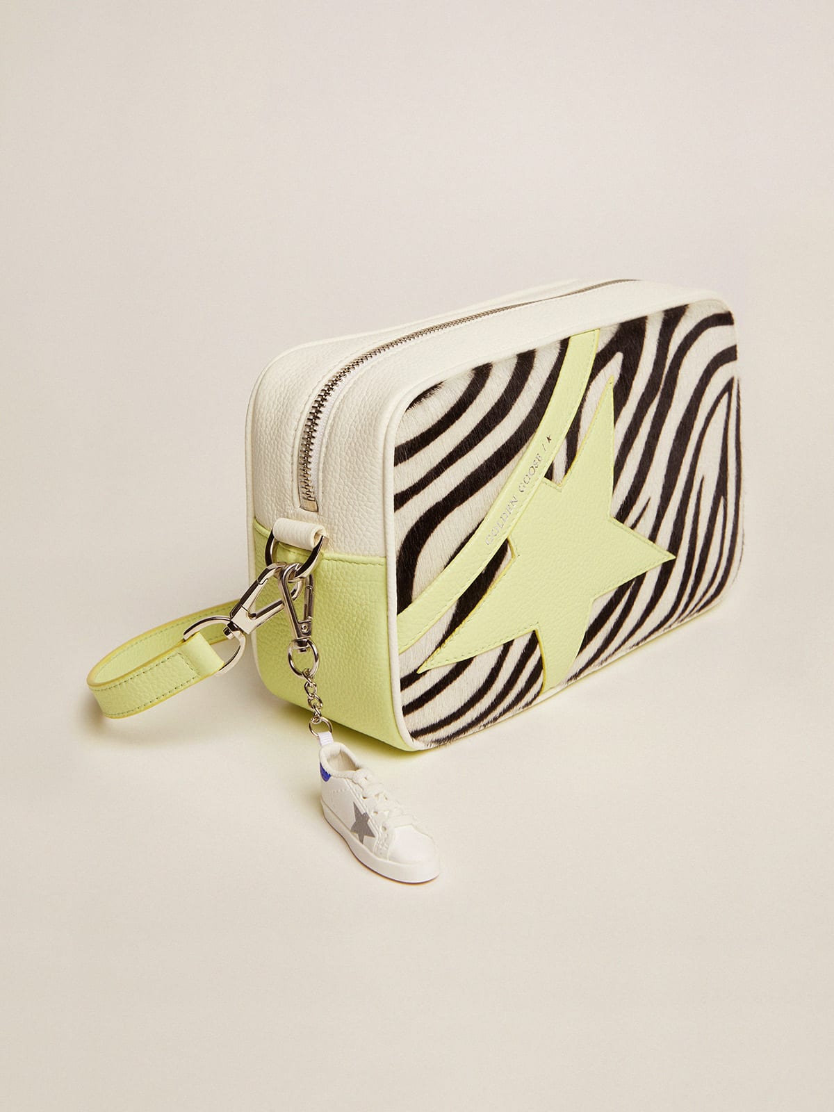 Golden Goose - Star Bag in white and lime hammered leather with zebra-print pony skin insert and lime-colored leather star in 