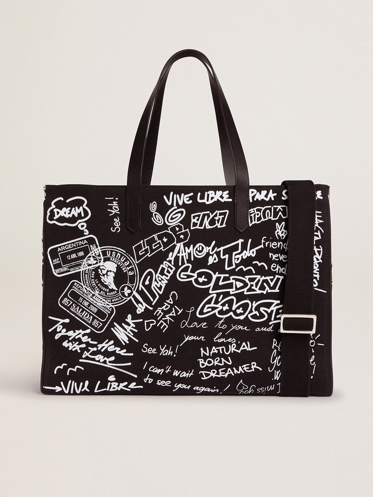 Golden Goose - Borsa California Bag East-West di colore nero con stampa graffiti bianca a contrasto in 