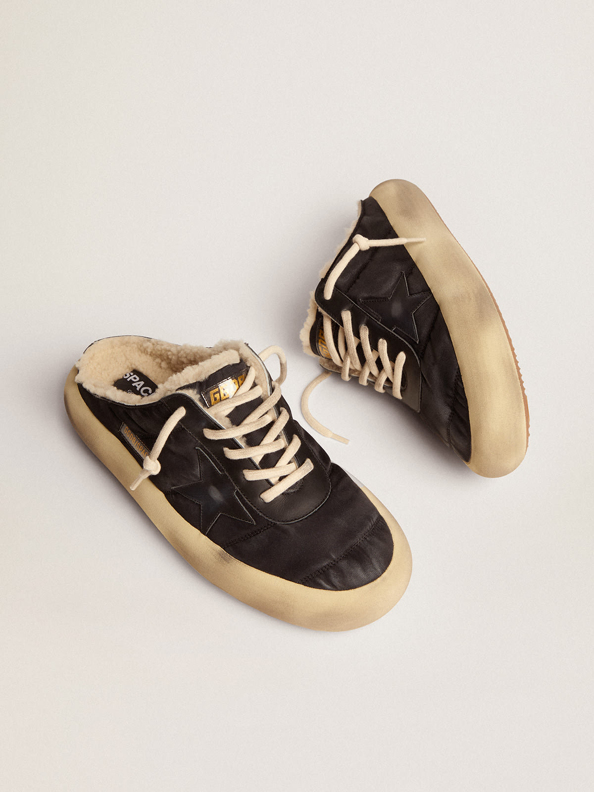 Golden Goose - Men's Space-Star Sabot shoes in quilted black nylon with shearling lining in 