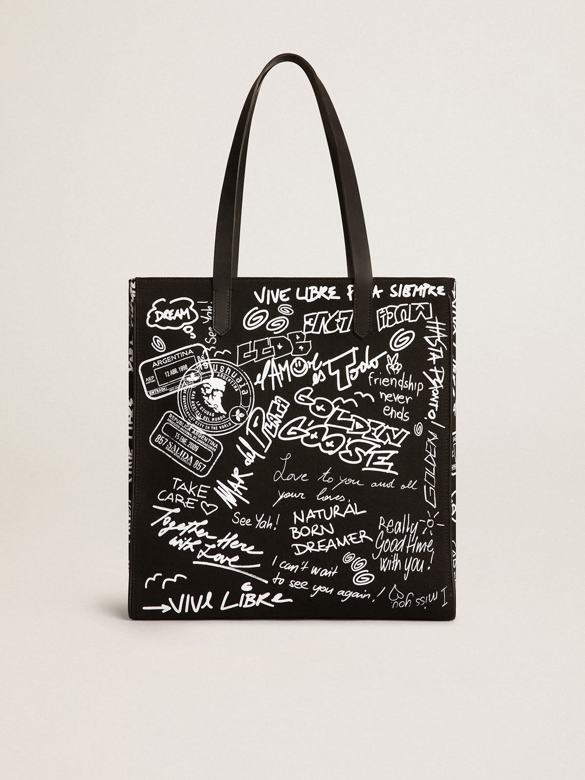 Golden Goose - Black North-South California Bag with contrasting white graffiti print in 
