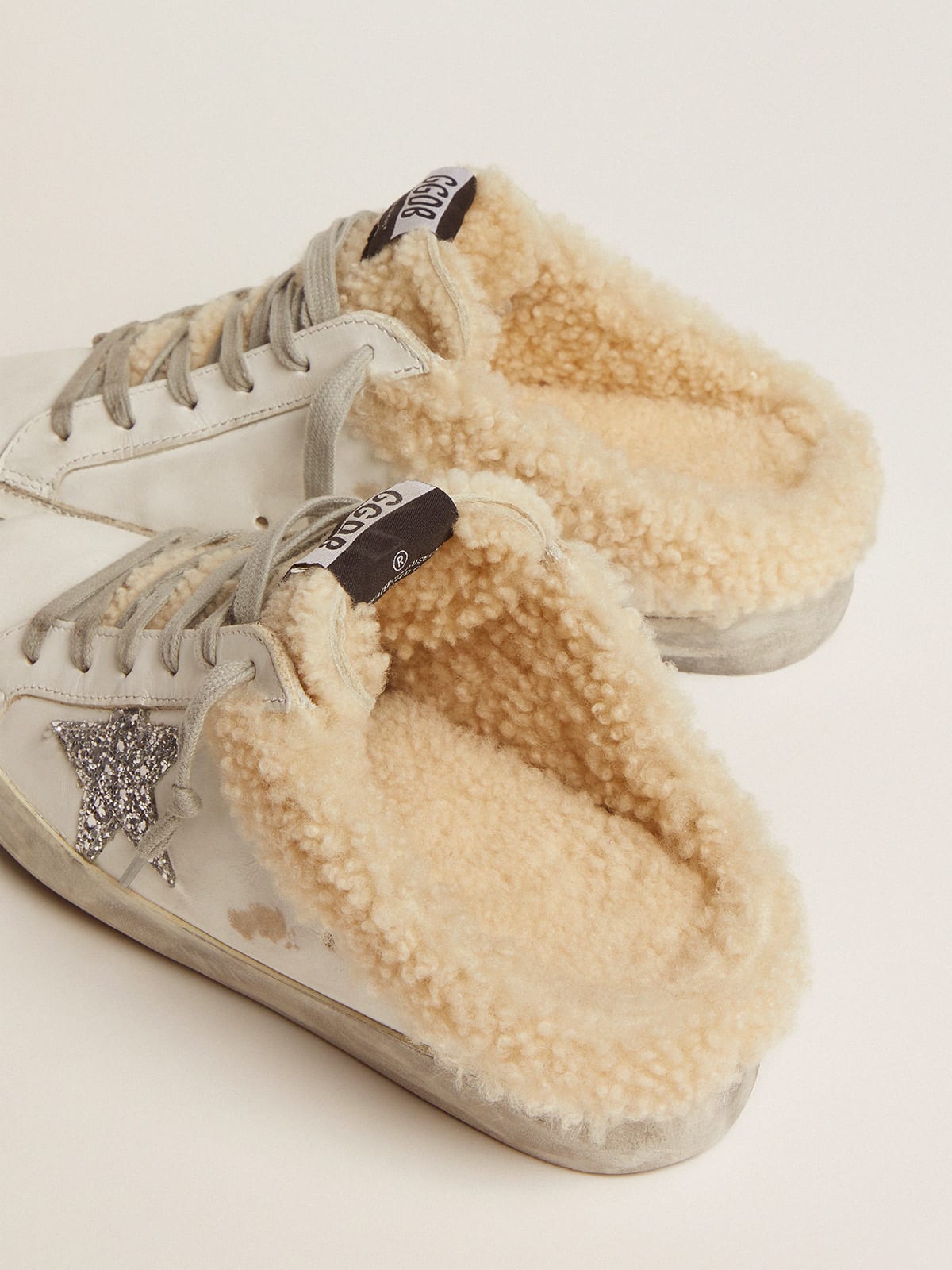 Golden Goose - Super-Star Sabots in white leather with silver glitter star and shearling lining in 