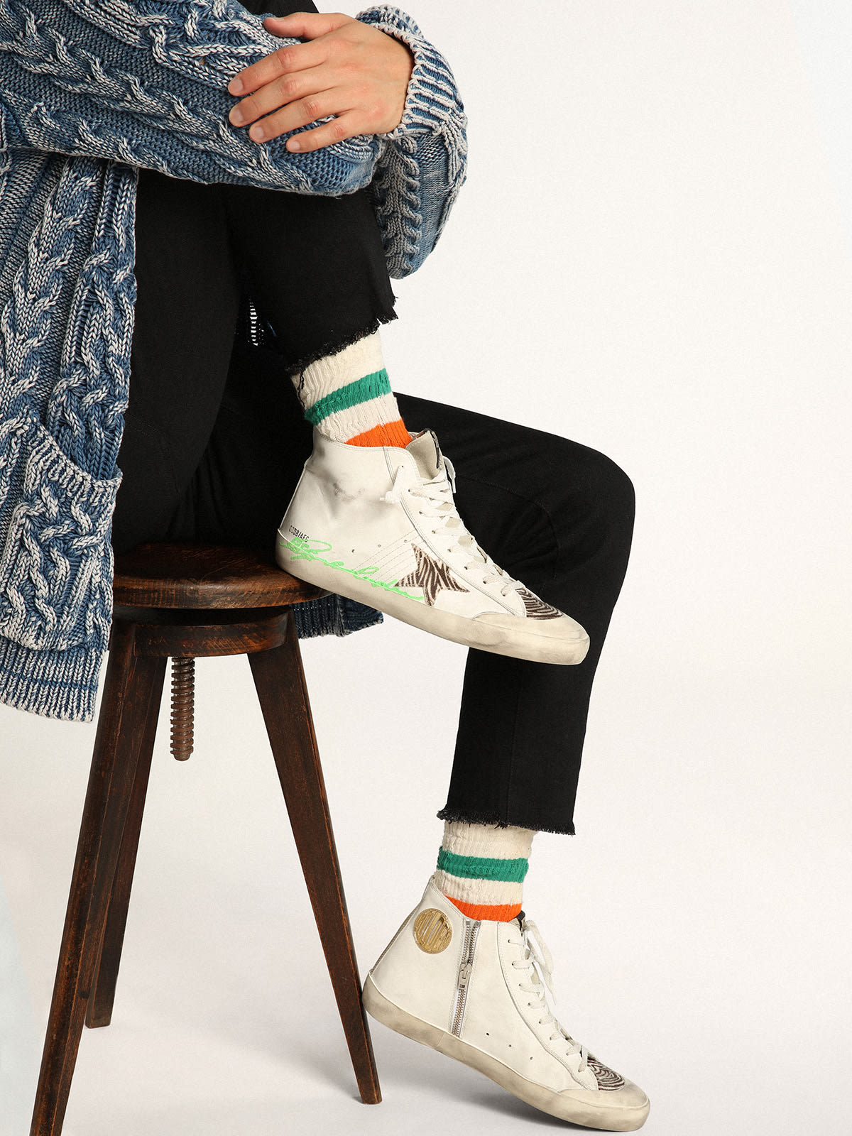 Golden Goose - Zapatillas deportivas Francy Penstar LTD de piel blanca con estrella de piel efecto potro con motivo cebra y logotipo con purpurina verde in 