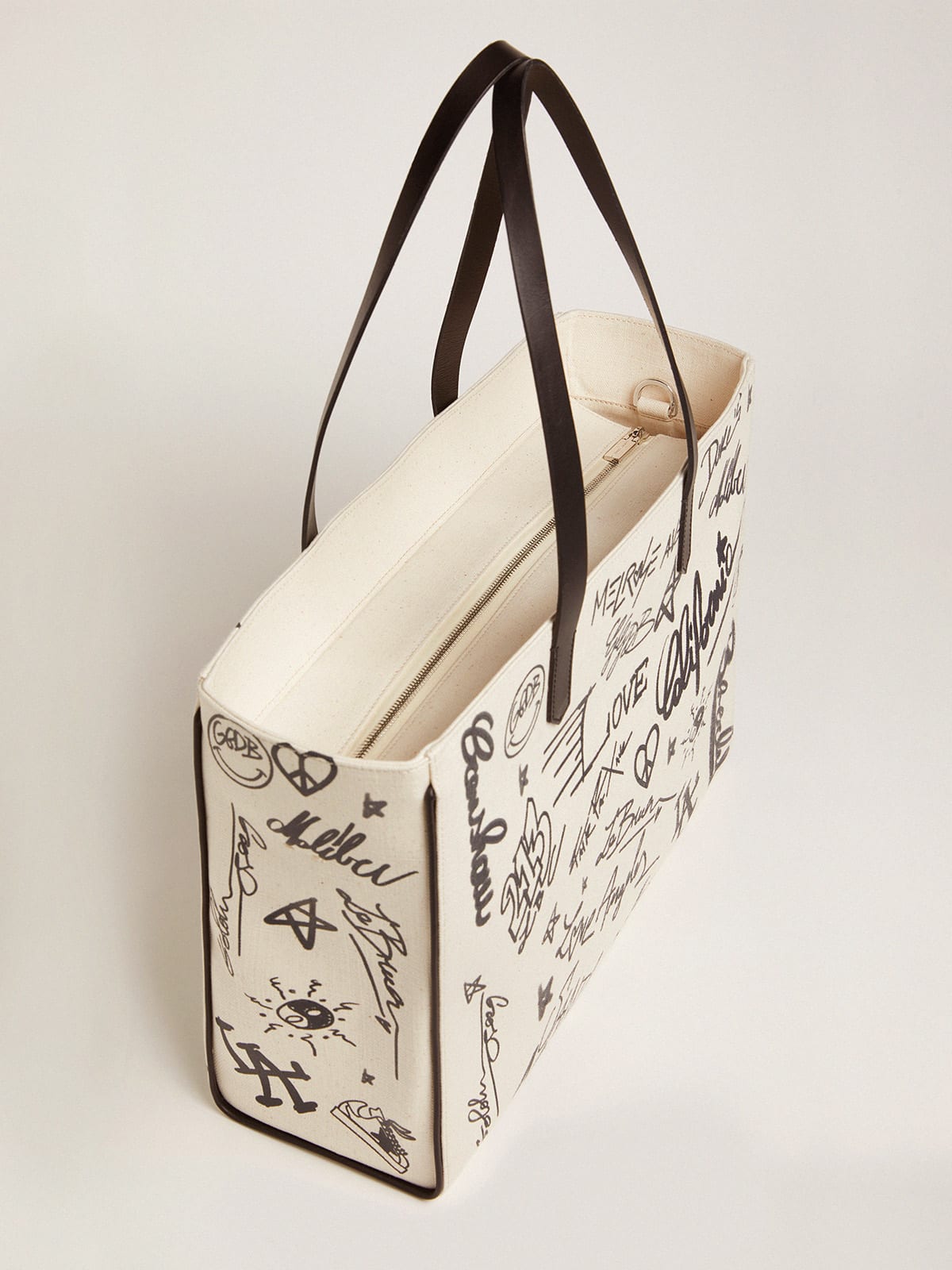Golden Goose - White East-West California Bag with contrasting black graffiti print in 