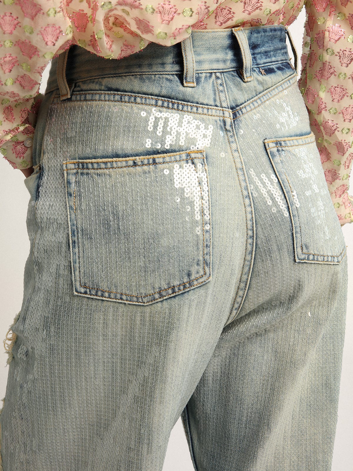 Golden Goose - Journey Collection jeans in distressed-effect light blue denim with all-over sequins in 