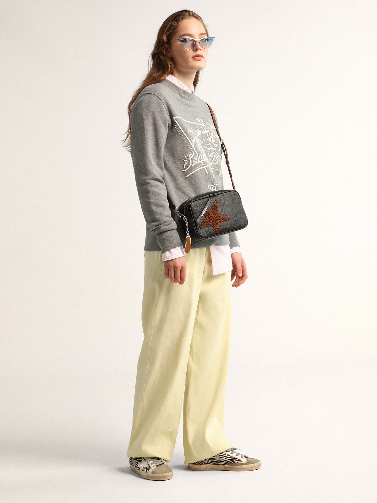 Golden Goose - Gray Journey Collection sweatshirt with palm print and South Beach lettering in white in 