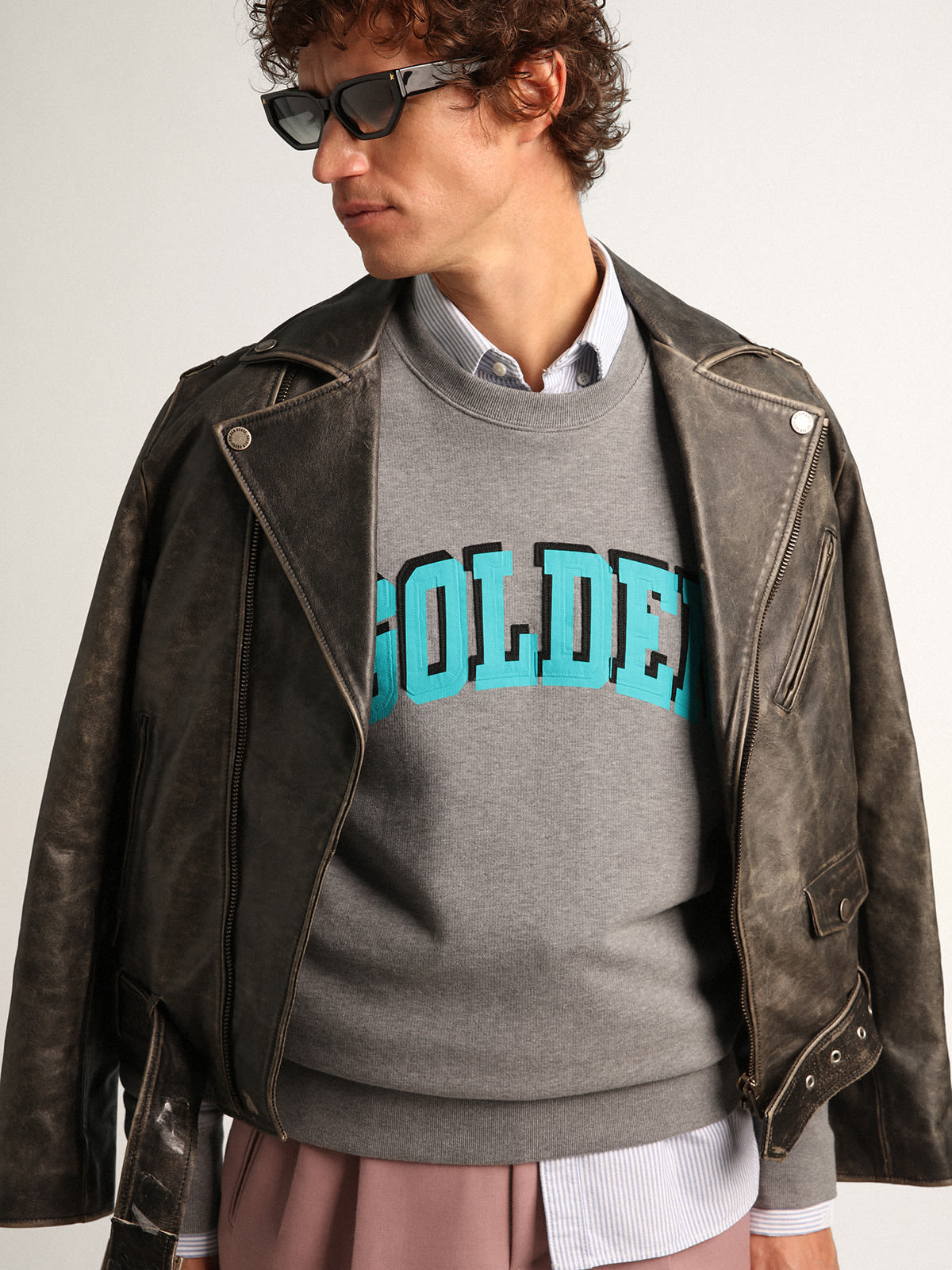 Golden Goose - Gray Journey Collection sweatshirt with contrasting turquoise Golden lettering in 