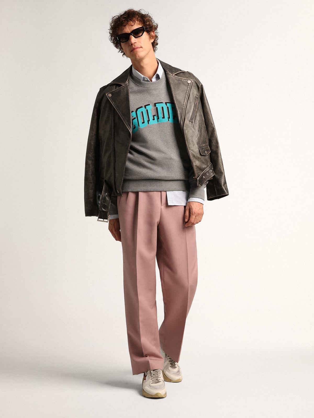 Golden Goose - Gray Journey Collection sweatshirt with contrasting turquoise Golden lettering in 