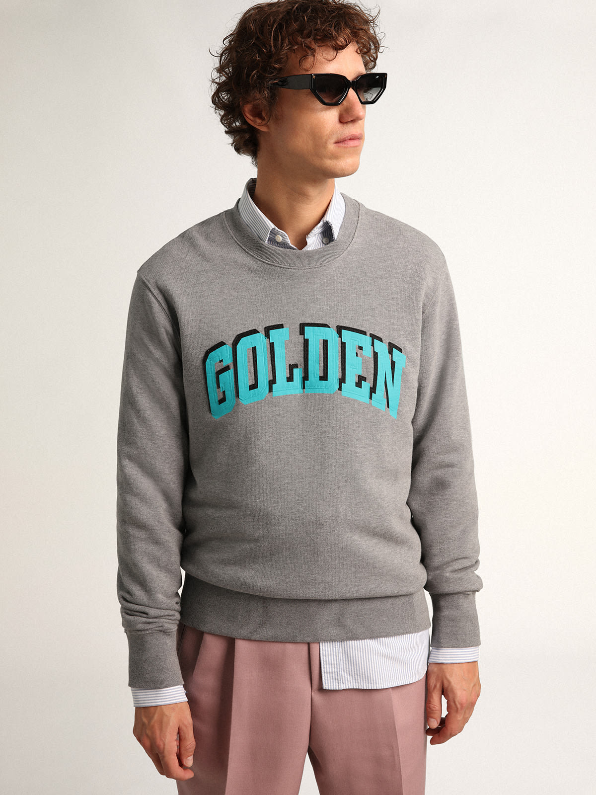 Golden Goose - Gray Journey Collection sweatshirt with contrasting turquoise Golden lettering in 