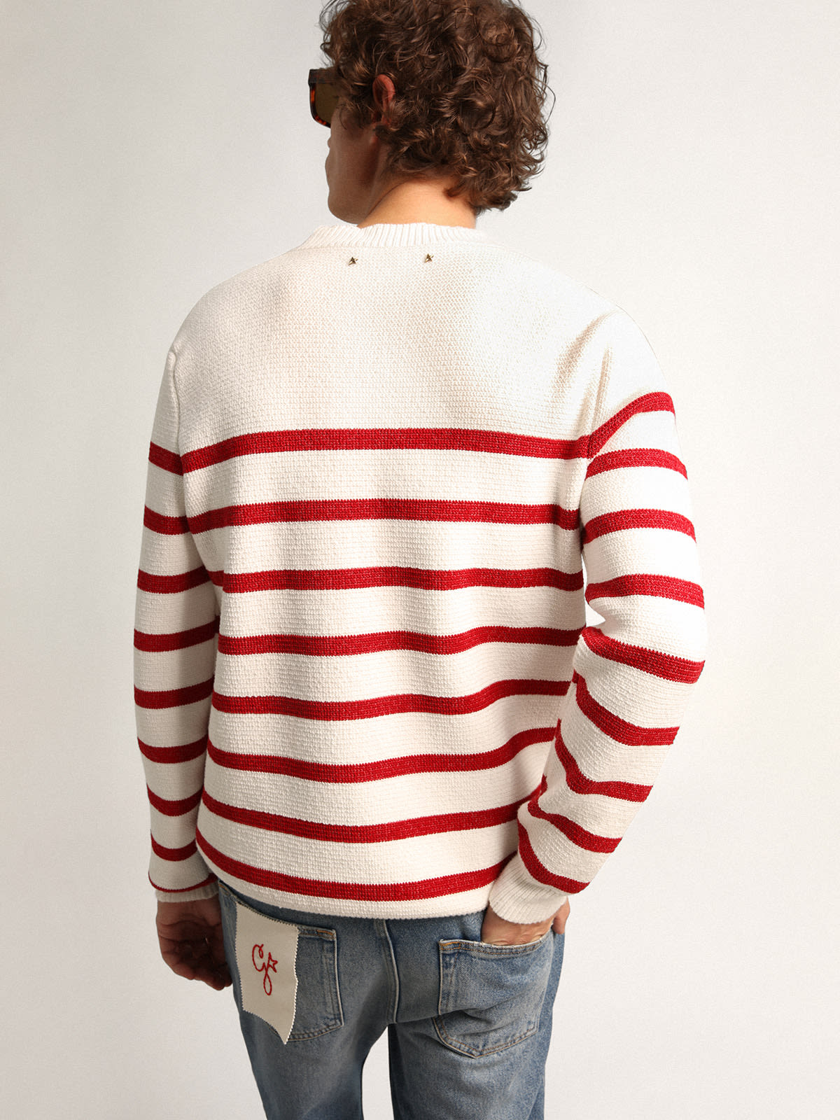 Golden Goose - White cotton Journey Collection pullover with red stripes and lettering on the front in 