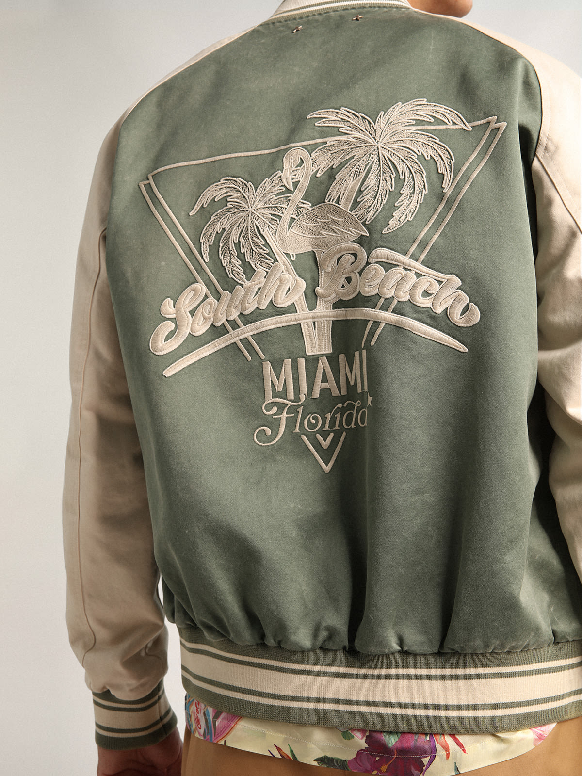 Golden Goose - Military-green and white Journey Collection Eric bomber jacket with a lived-in effect and contrasting embroidery on the back in 