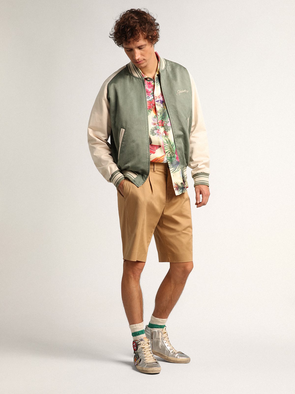 Golden Goose - Military-green and white Journey Collection Eric bomber jacket with a lived-in effect and contrasting embroidery on the back in 