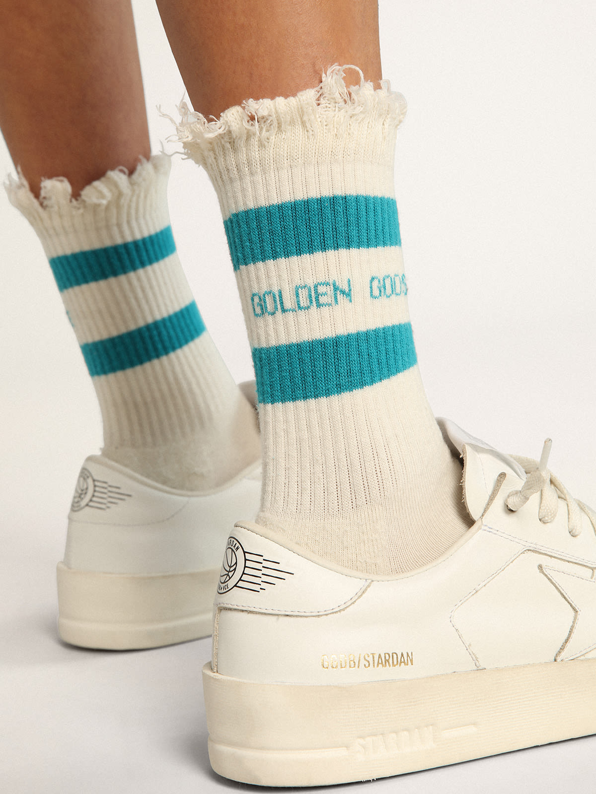 Golden Goose - Distressed-finish white socks with turquoise logo and stripes in 
