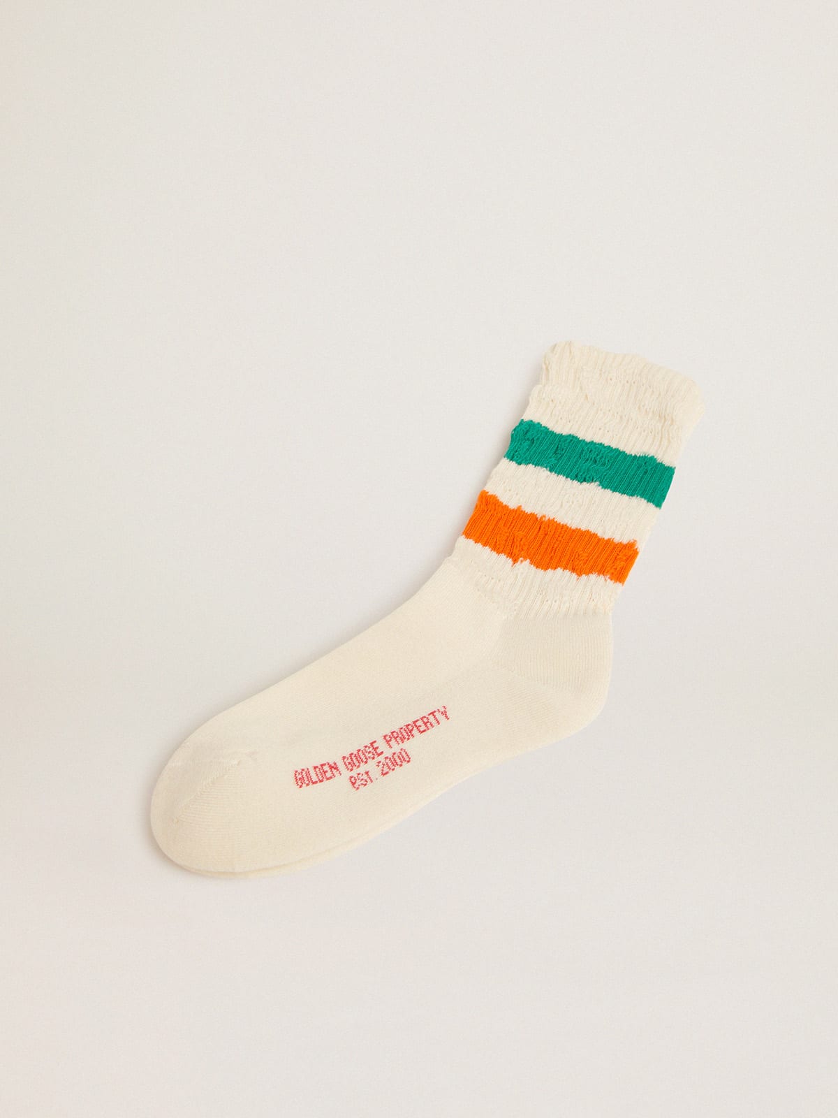 Golden Goose - Weiße Socken mit Distressed-Finish und grün-orangefarbenen Streifen in 