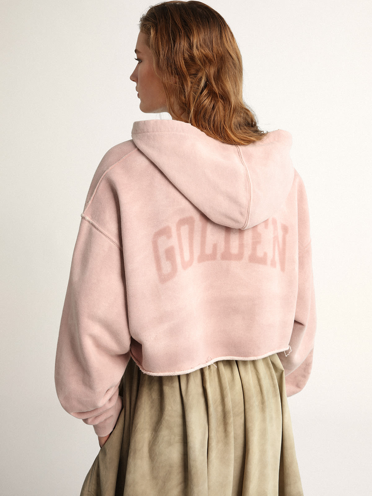 Golden Goose - Pale mauve cropped Journey Collection hooded sweatshirt with tone-on-tone Golden lettering on the back in 