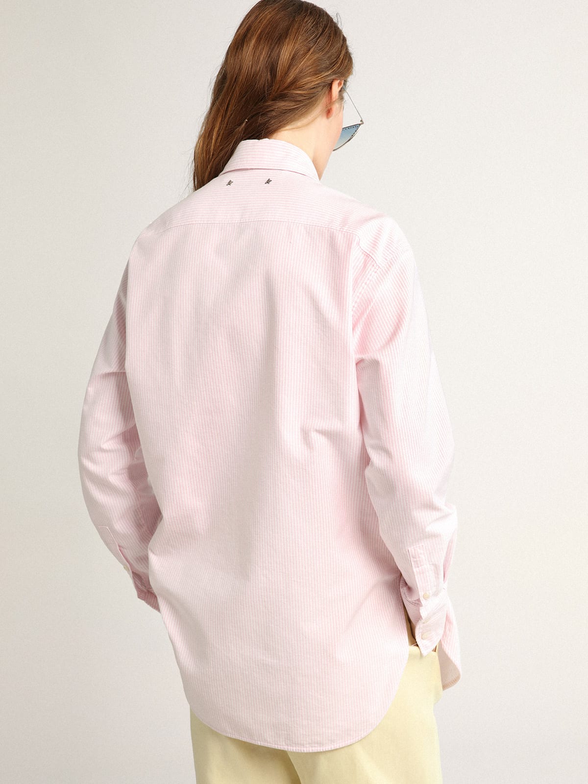 Golden Goose - Oversized Journey Collection shirt with pink and white vertical stripes and pins in 