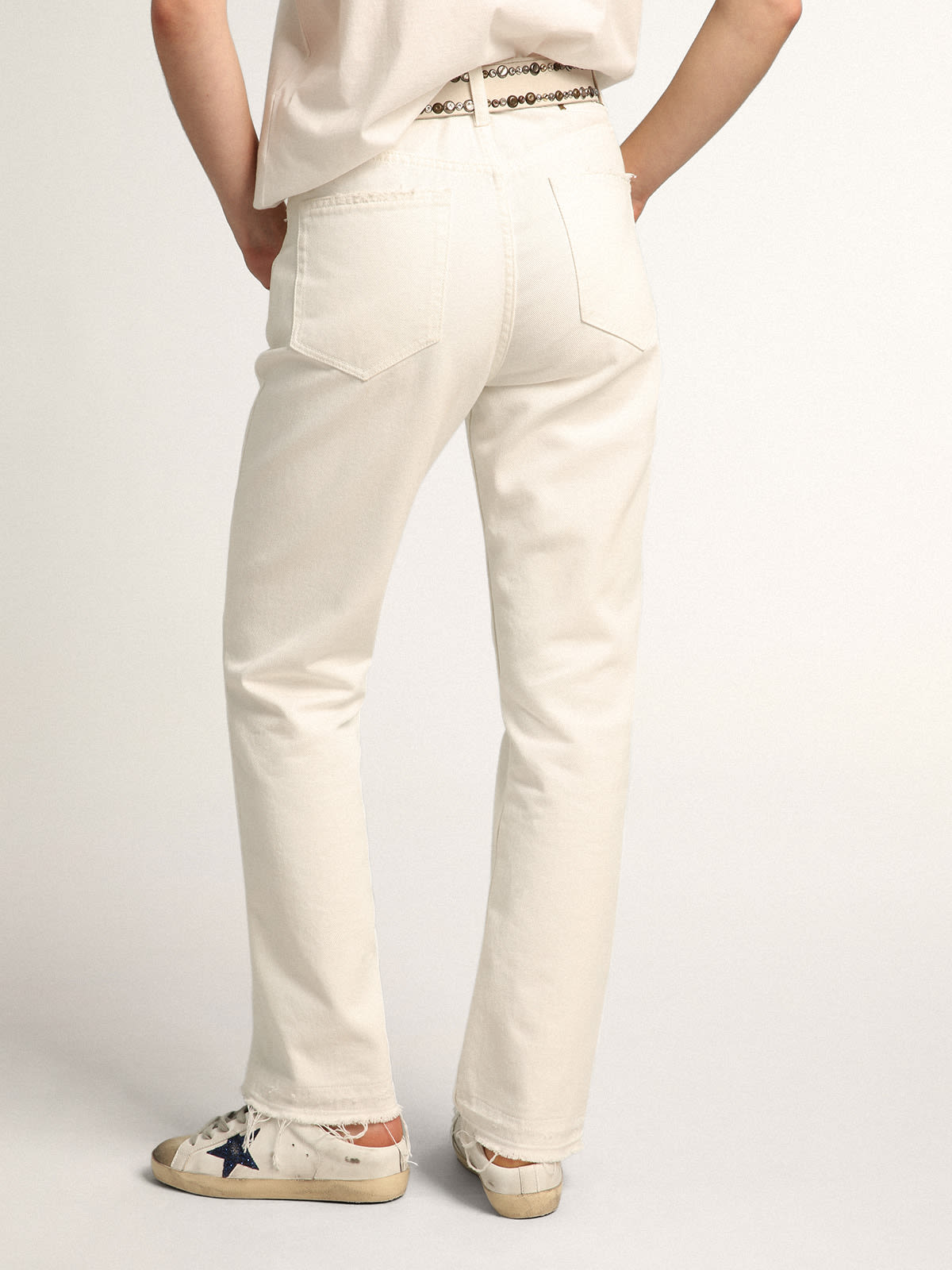 Golden Goose - Cropped Journey Collection pants in white bull denim with worn-out effect hem     in 