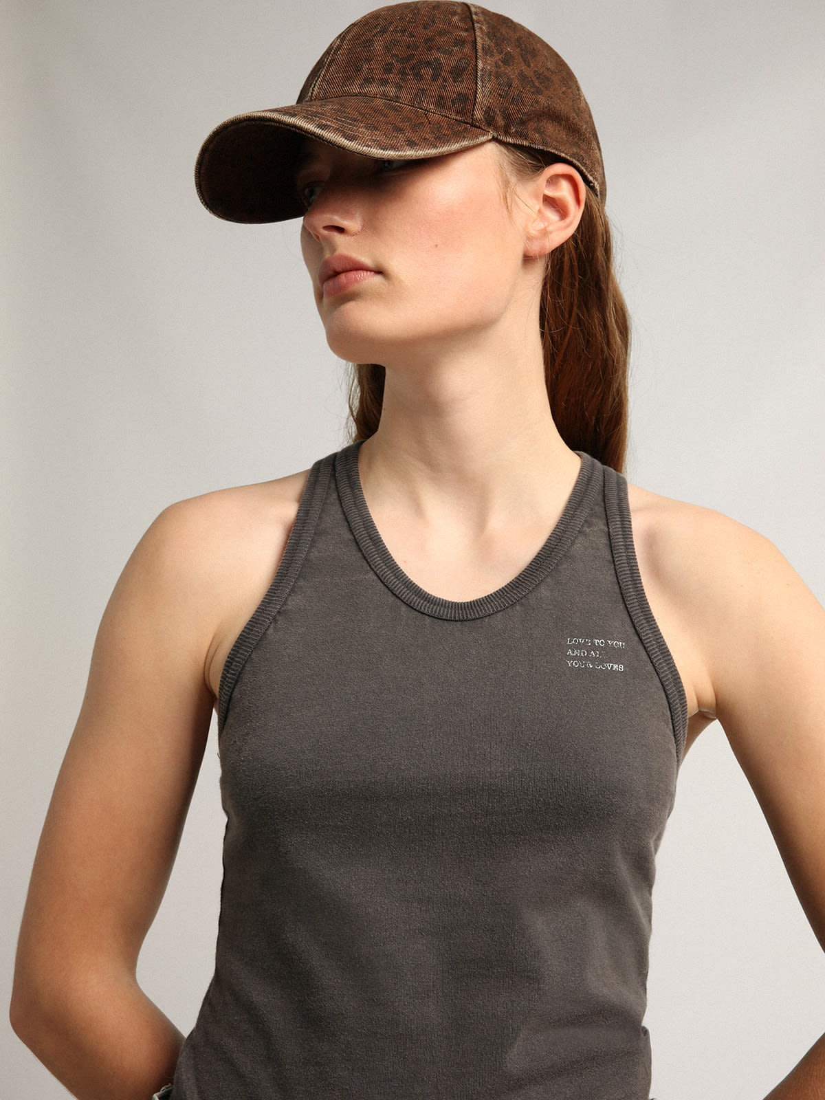 Golden Goose - Anthracite-gray Journey Collection Elide tank top with white lettering on the front in 