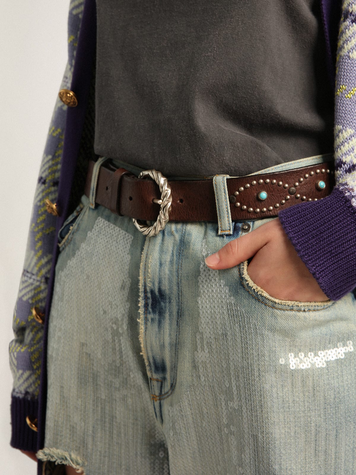 Women's belt in dark brown leather with colored studs | Golden Goose