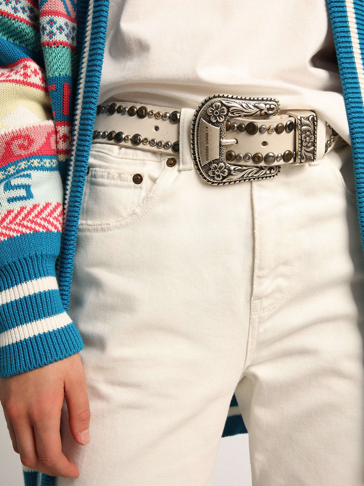 Women's belt in white leather with colored studs | Golden Goose