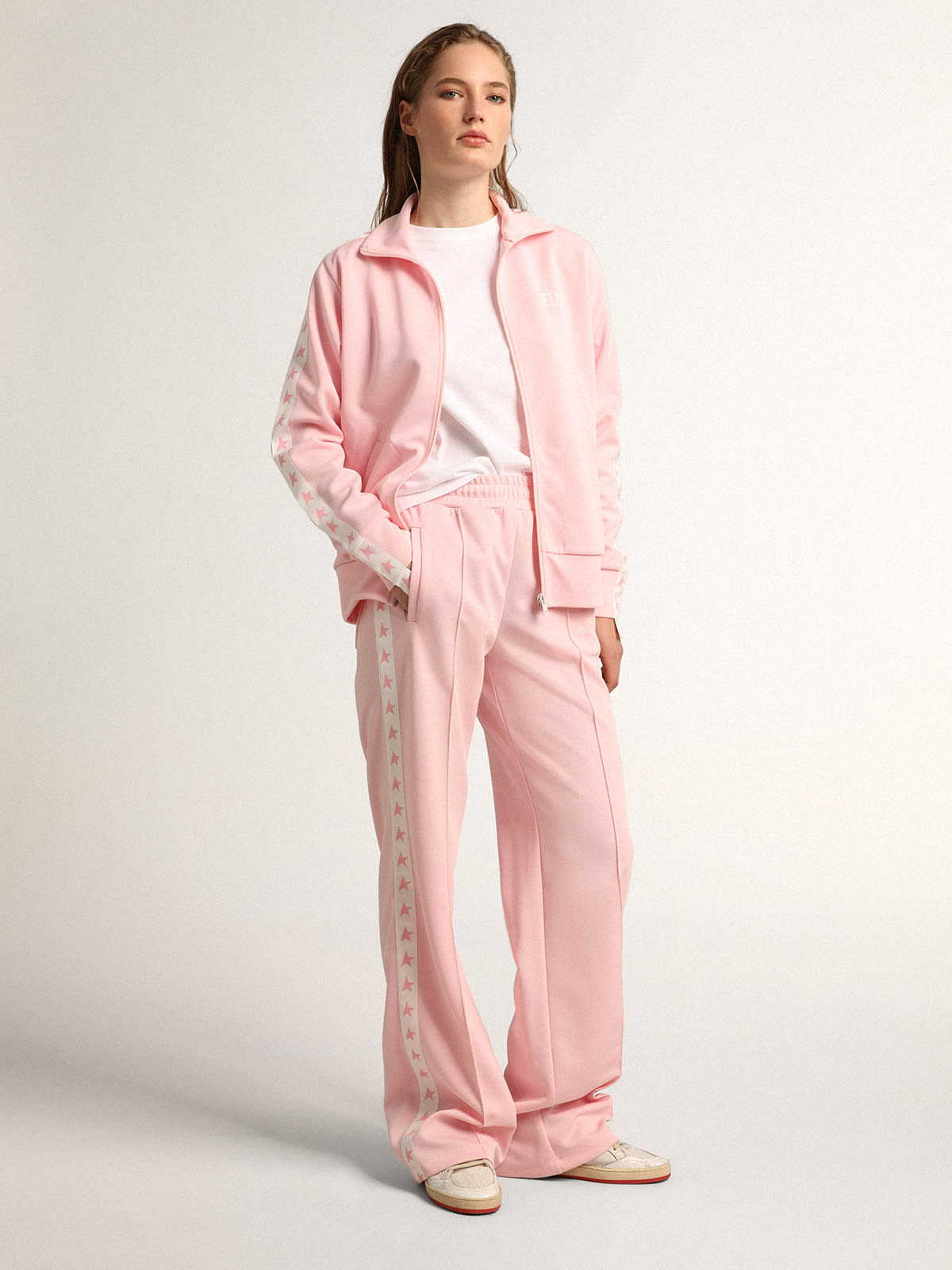 Golden Goose - Pink Denise Star Collection zipped sweatshirt with white strip and contrasting pink stars in 