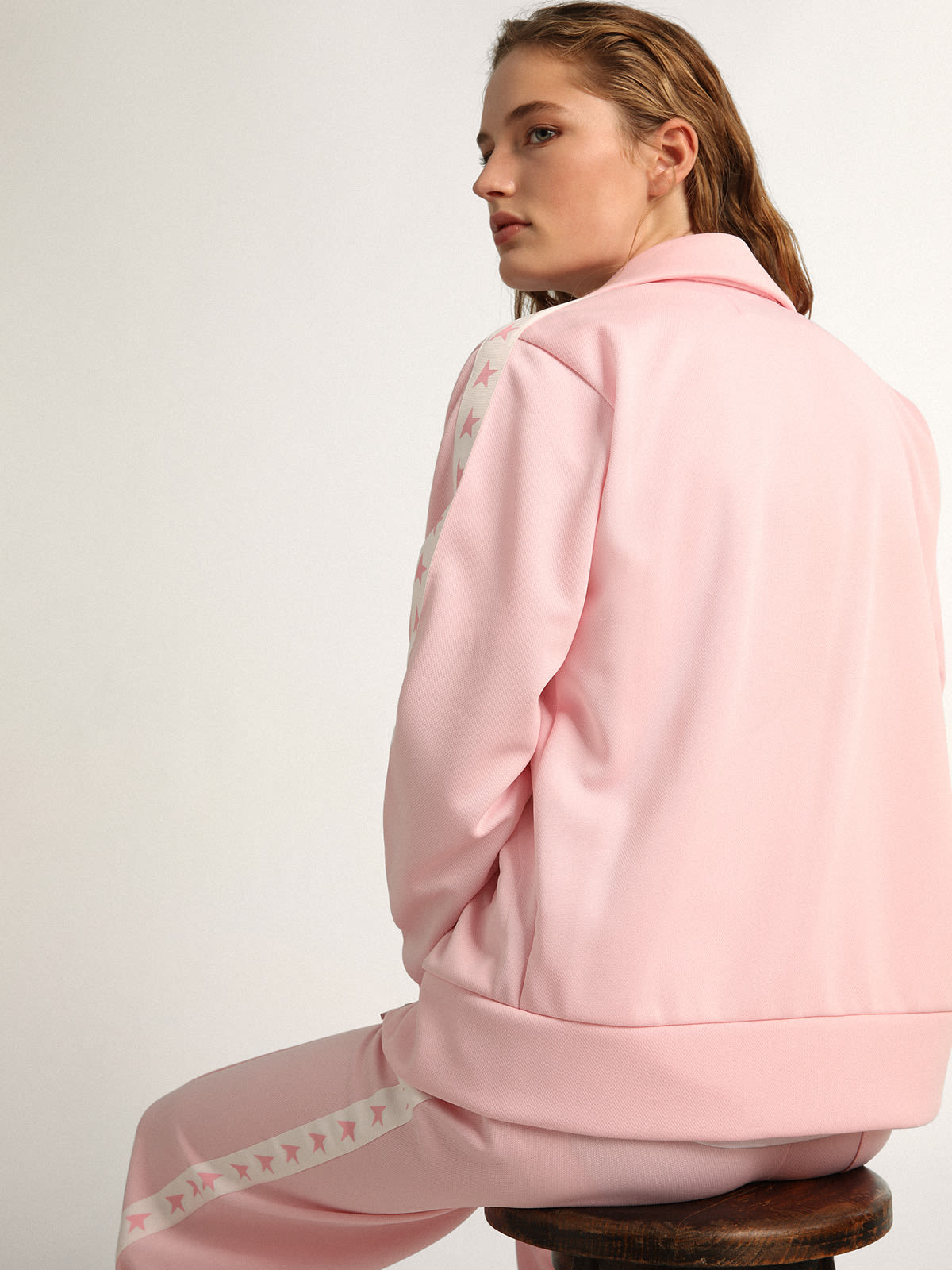 Golden Goose - Pink Denise Star Collection zipped sweatshirt with white strip and contrasting pink stars in 