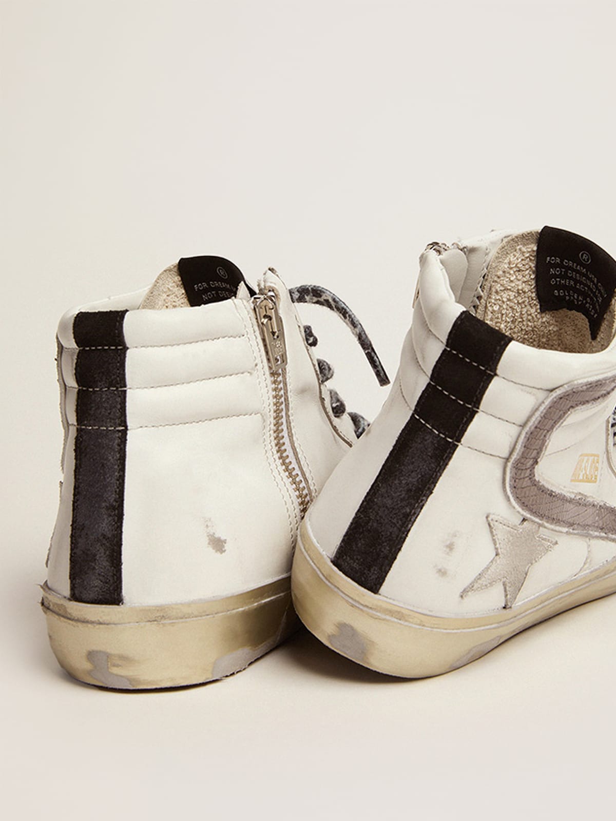 Golden Goose - Slide sneakers with white suede star and dove-gray lizard-print leather flash in 