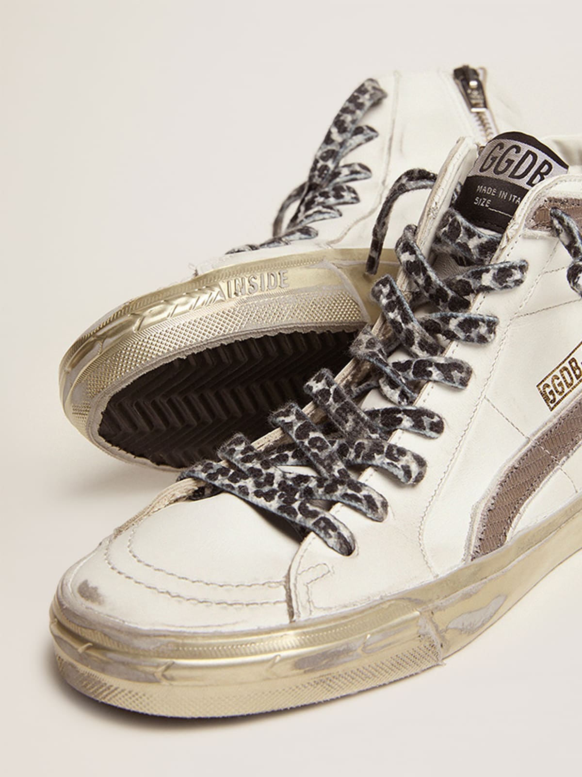 Slide sneakers with white suede star and dove-gray lizard-print leather ...