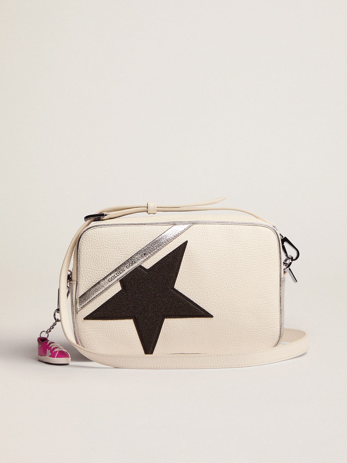 Golden Goose - Star Bag in white hammered leather, metallic silver trim and black glitter star in 