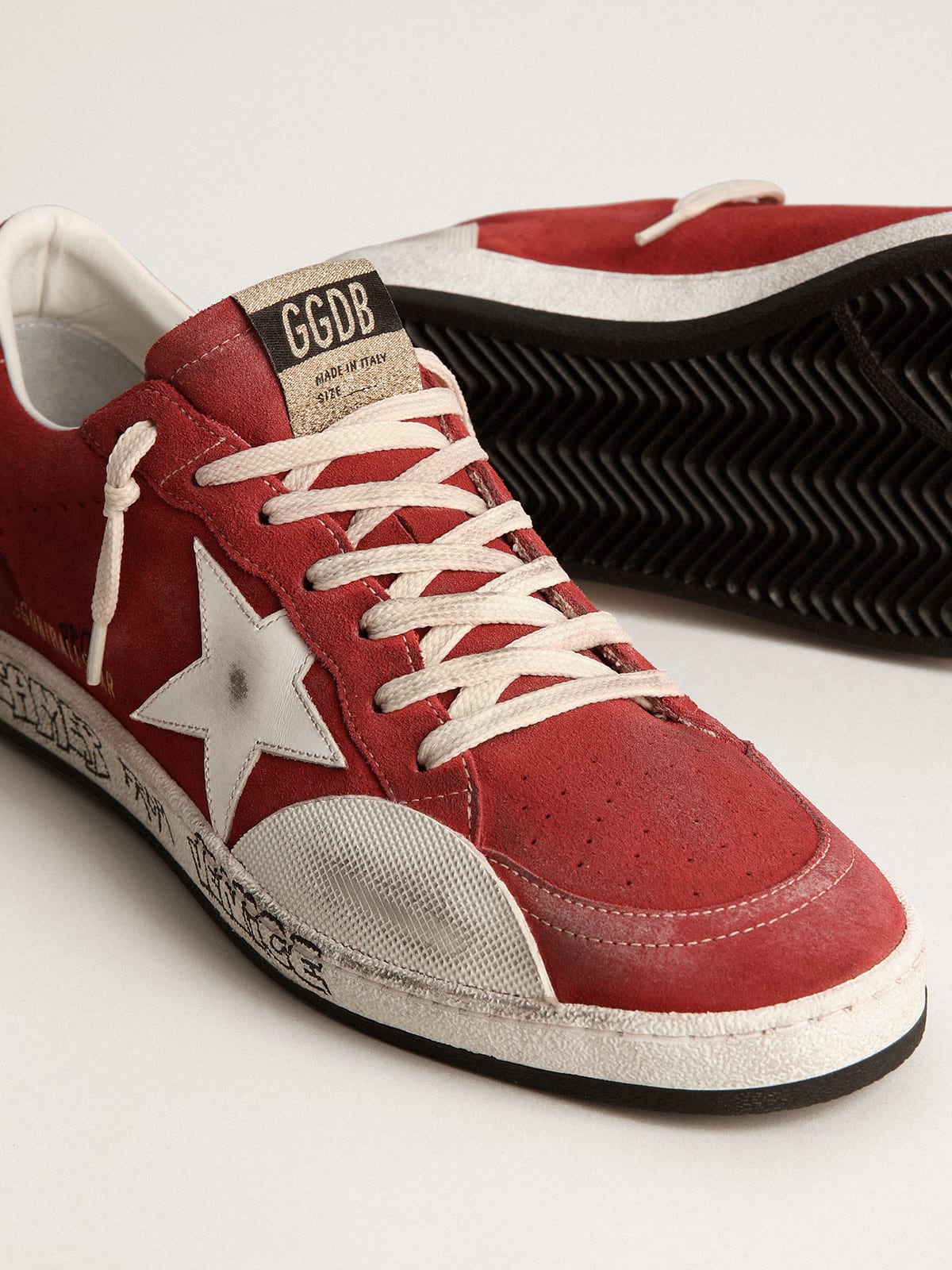 Golden Goose - Ball Star Pro women’s sneakers in red suede with knurled white rubber inserts in 