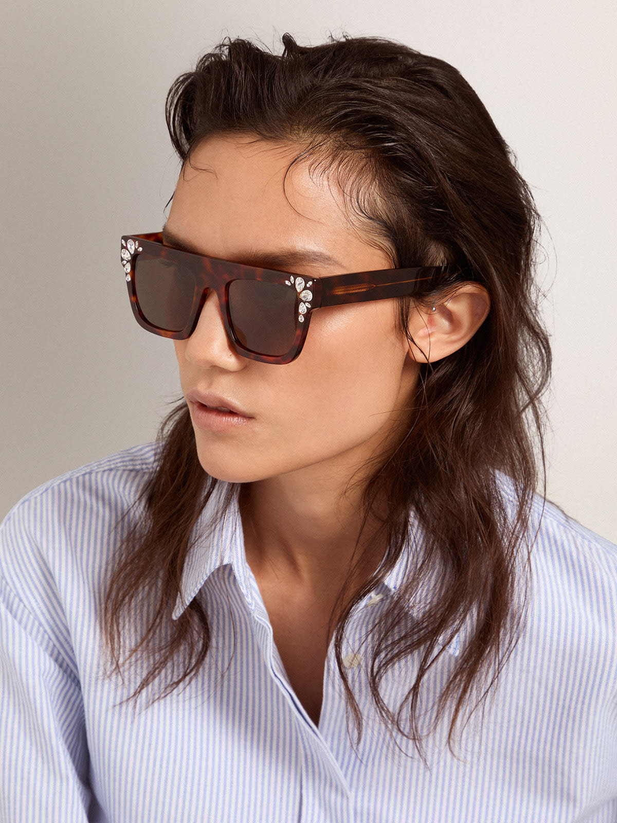 Golden Goose - Square-style Sunframe Jamie with Havana brown frame and teardrop crystals in 