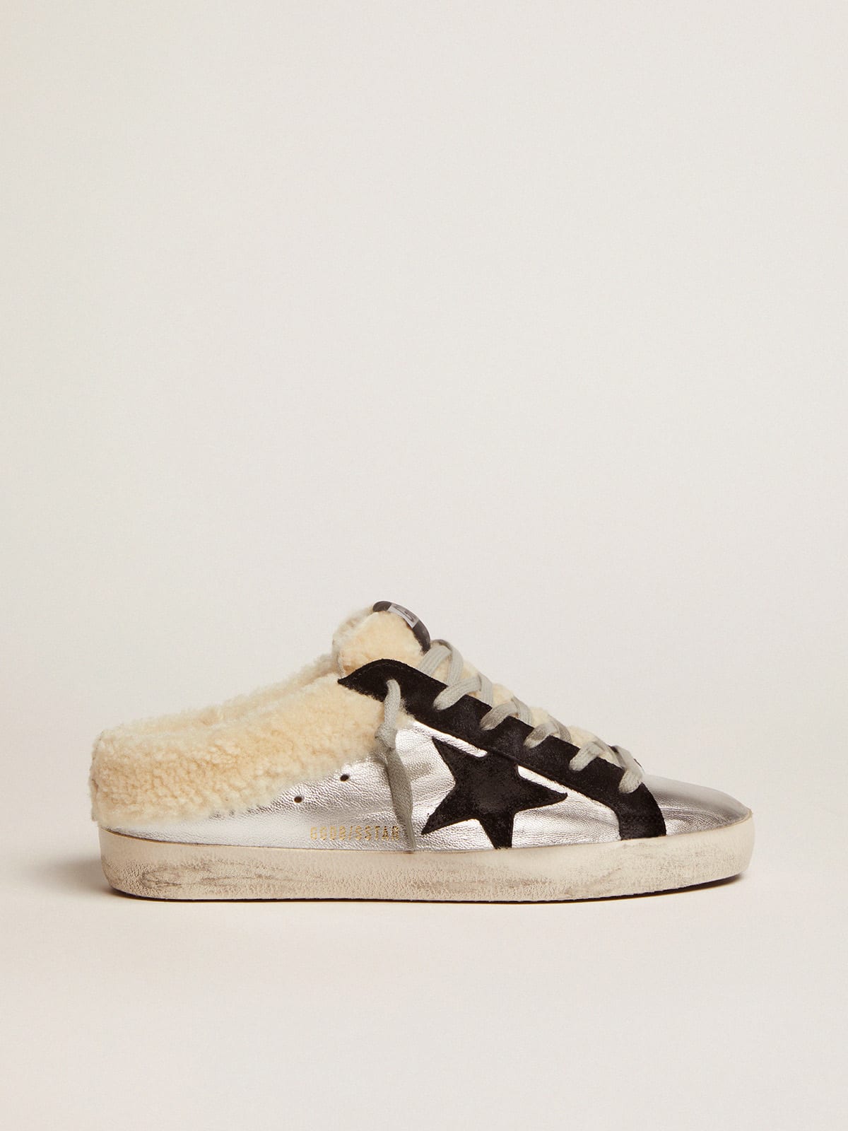 Golden Goose - Women's Super-Star Sabot in silver laminated leather with black star in 