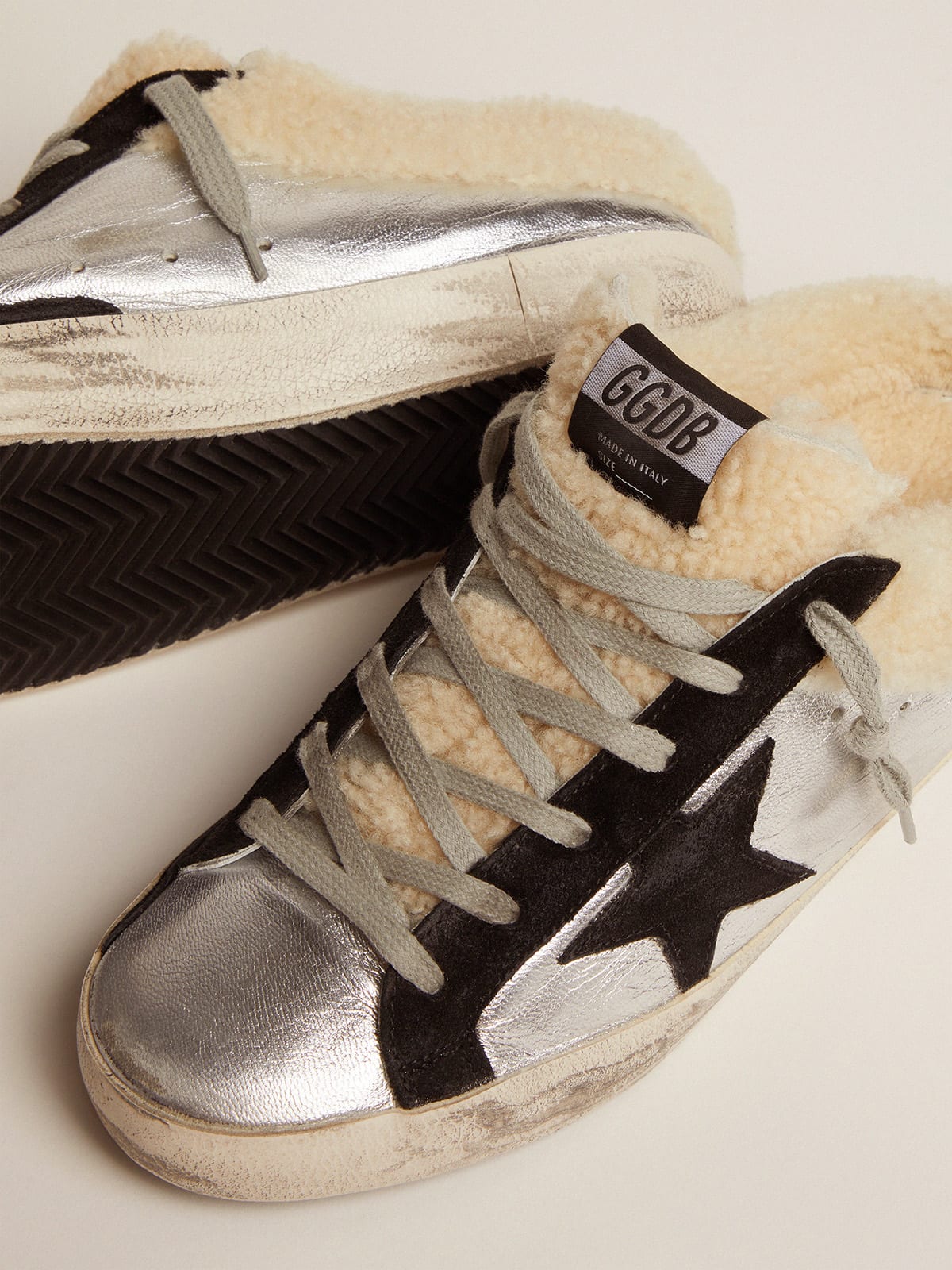 Golden Goose - Super-Star Sabots in silver laminated leather with black suede star in 